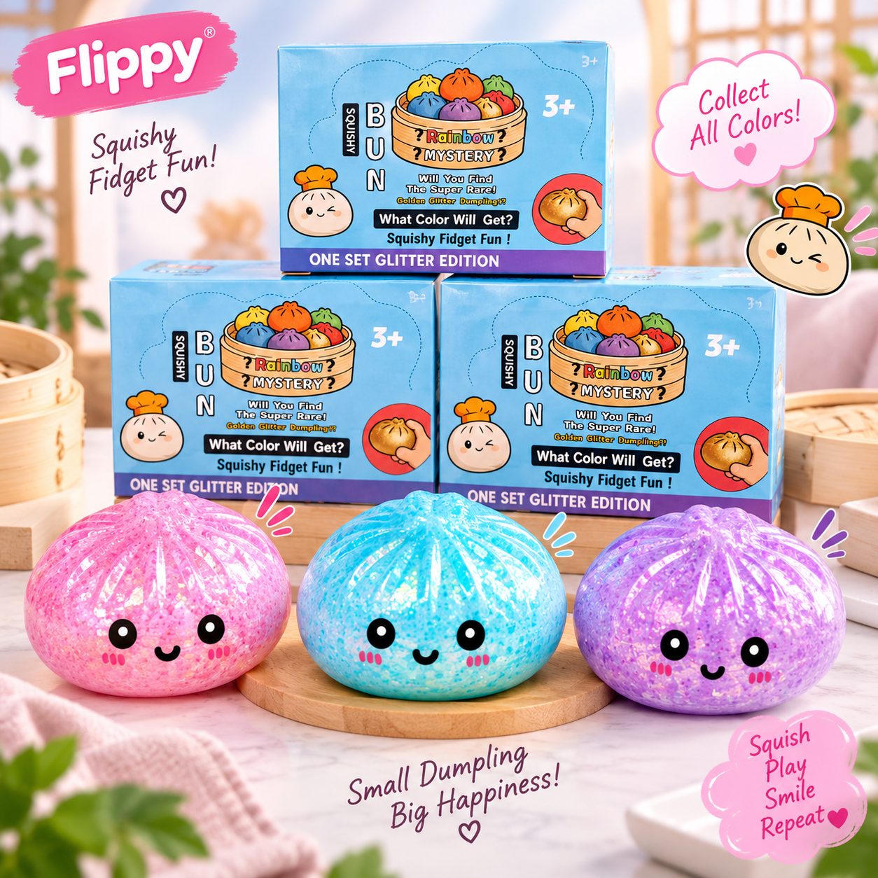 Jucarie Squishy Antistres Dumpling, Flippy, Model cu Bilute, Revenire Lenta, 16x16 cm, Diverse Culori