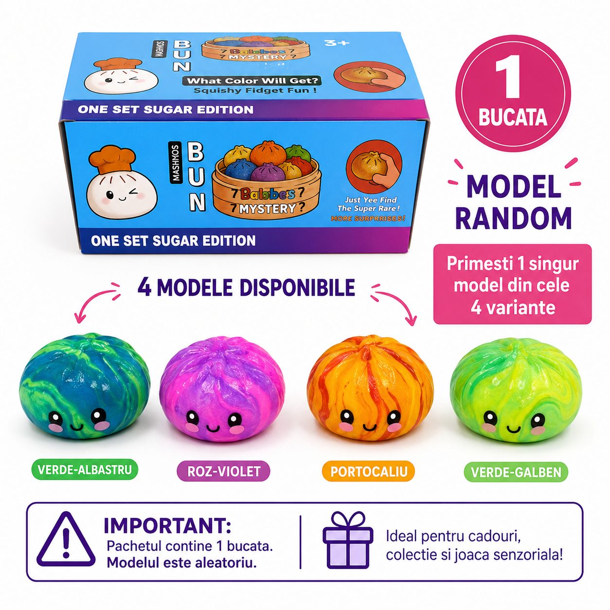Jucarie Squishy Dumpling Antistres, , Model Fata Zambitoare Fosforescenta, 8.5 x 8.5 cm, 165 gr, Culoare Mix Surpriza 2