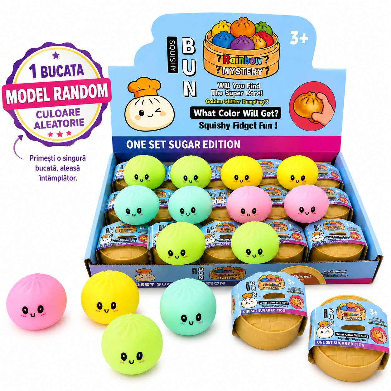Jucarie Squishy Dumpling NeeDoh, , Model Fata Zambitoare, Textura Fina, Modelabila si Comprimabila, 5.5 cm, Mix Culori 3