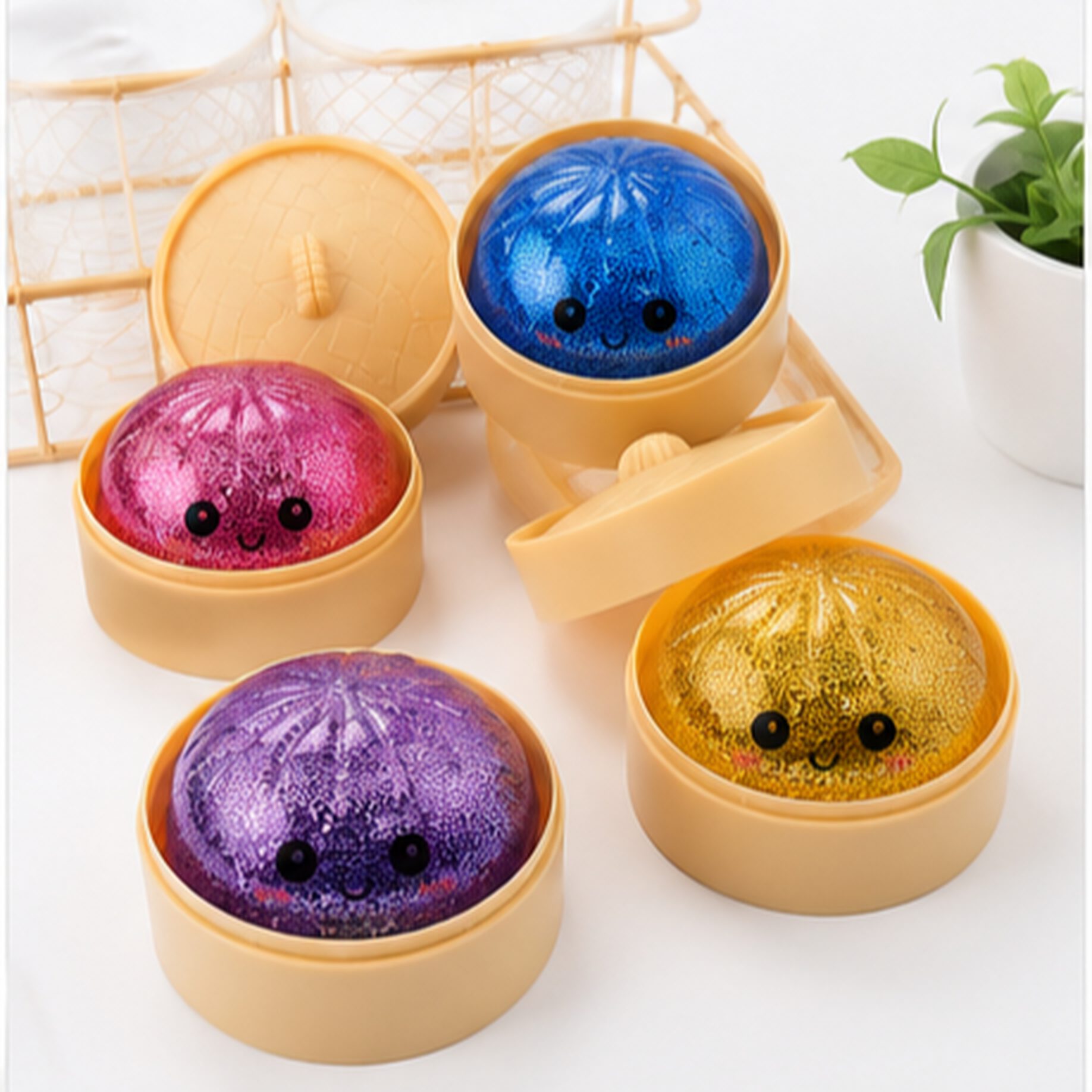 Jucărie antistres Squishy 8.5 cm, 110 grame, Cu Sclipici si Bile de Hidrogel- Model surpriză cu Fata Zambitoare (Mystery Color) – Mix de Culori