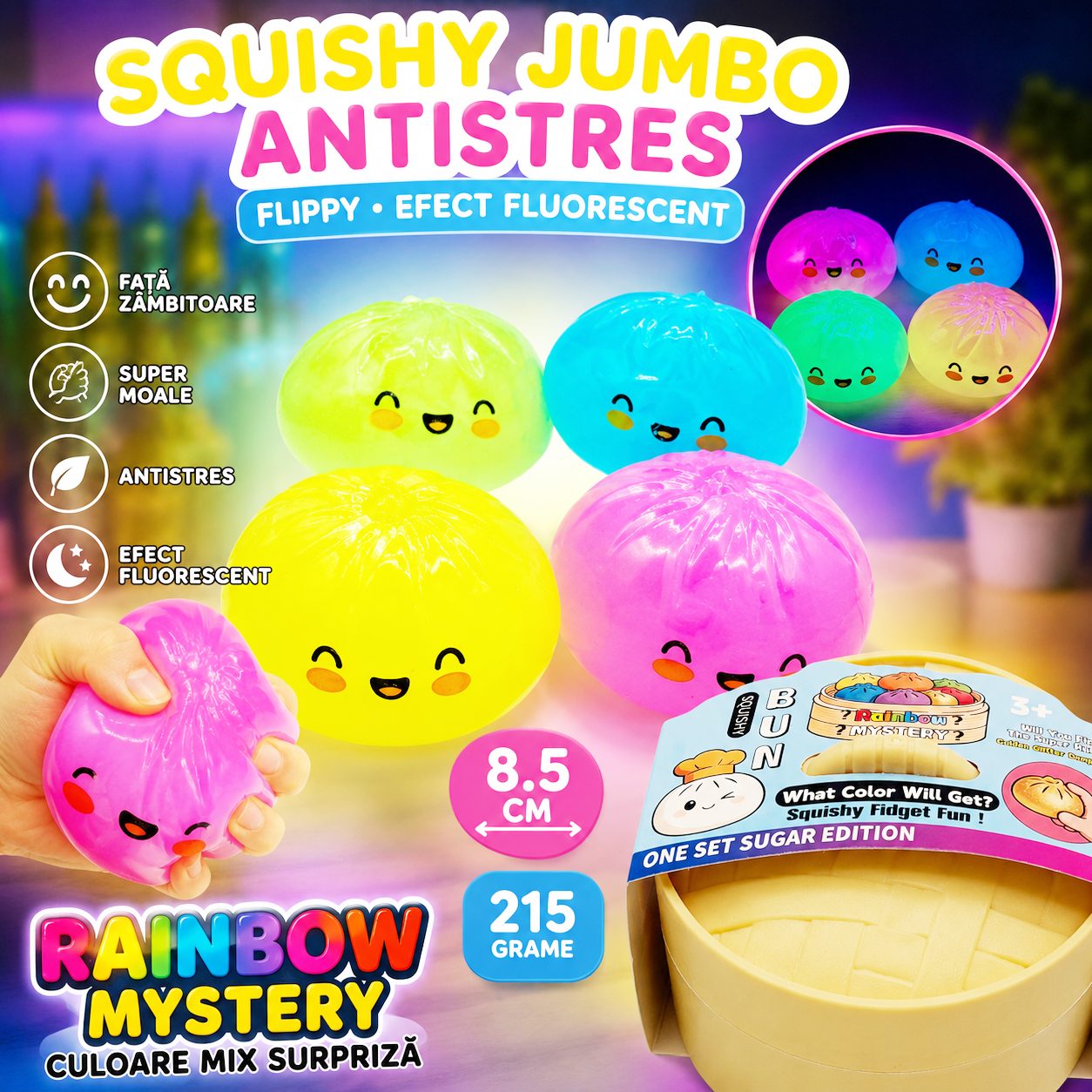 Jucarie Squishy Dumpling Antistres, , Model Fata Zambitoare cu Efect Fluorescent, Rainbow Mistery, Diametrul 8.5 cm, 215 gr, Culoare Mix Surpriza 3