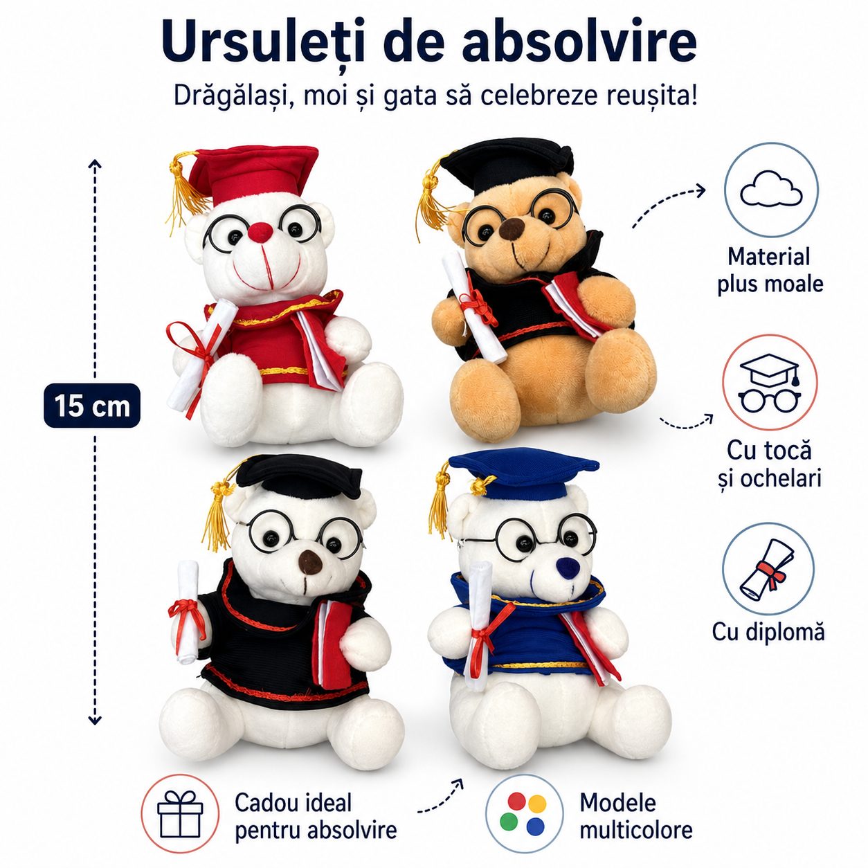 Ursulet de Plus Absolvent, , Jucarie Moale cu Toca, Ochelari si Diploma, Cadou pentru Absolvire, 15 cm, Multicolor 3