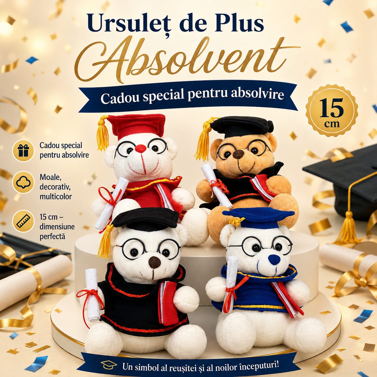 Ursulet de Plus Absolvent, , Jucarie Moale cu Toca, Ochelari si Diploma, Cadou pentru Absolvire, 15 cm, Multicolor 4
