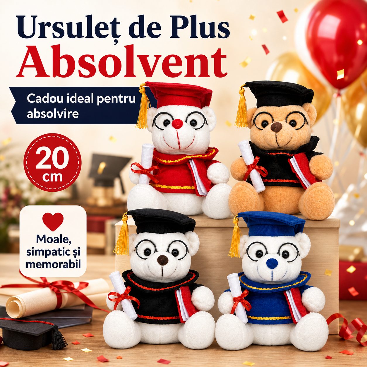 Ursulet de Plus Absolvent, , Jucarie Moale cu Toca, Ochelari si Diploma, Cadou pentru Absolvire, 20 cm, Multicolor 3