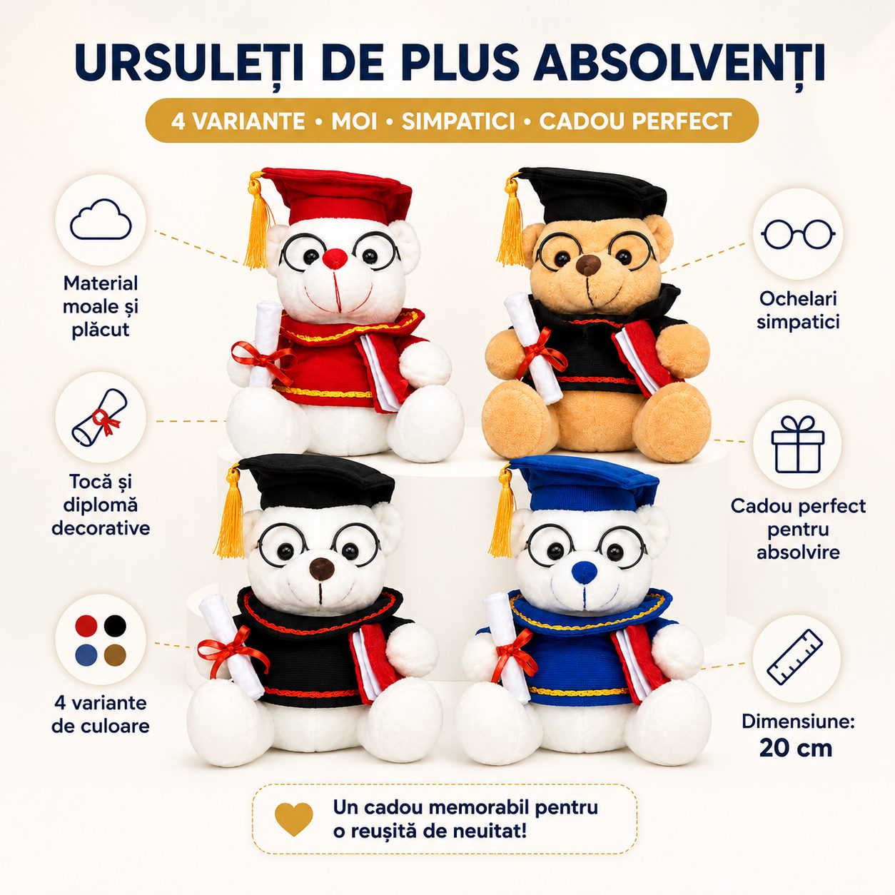 Ursulet de Plus Absolvent, , Jucarie Moale cu Toca, Ochelari si Diploma, Cadou pentru Absolvire, 20 cm, Multicolor 2