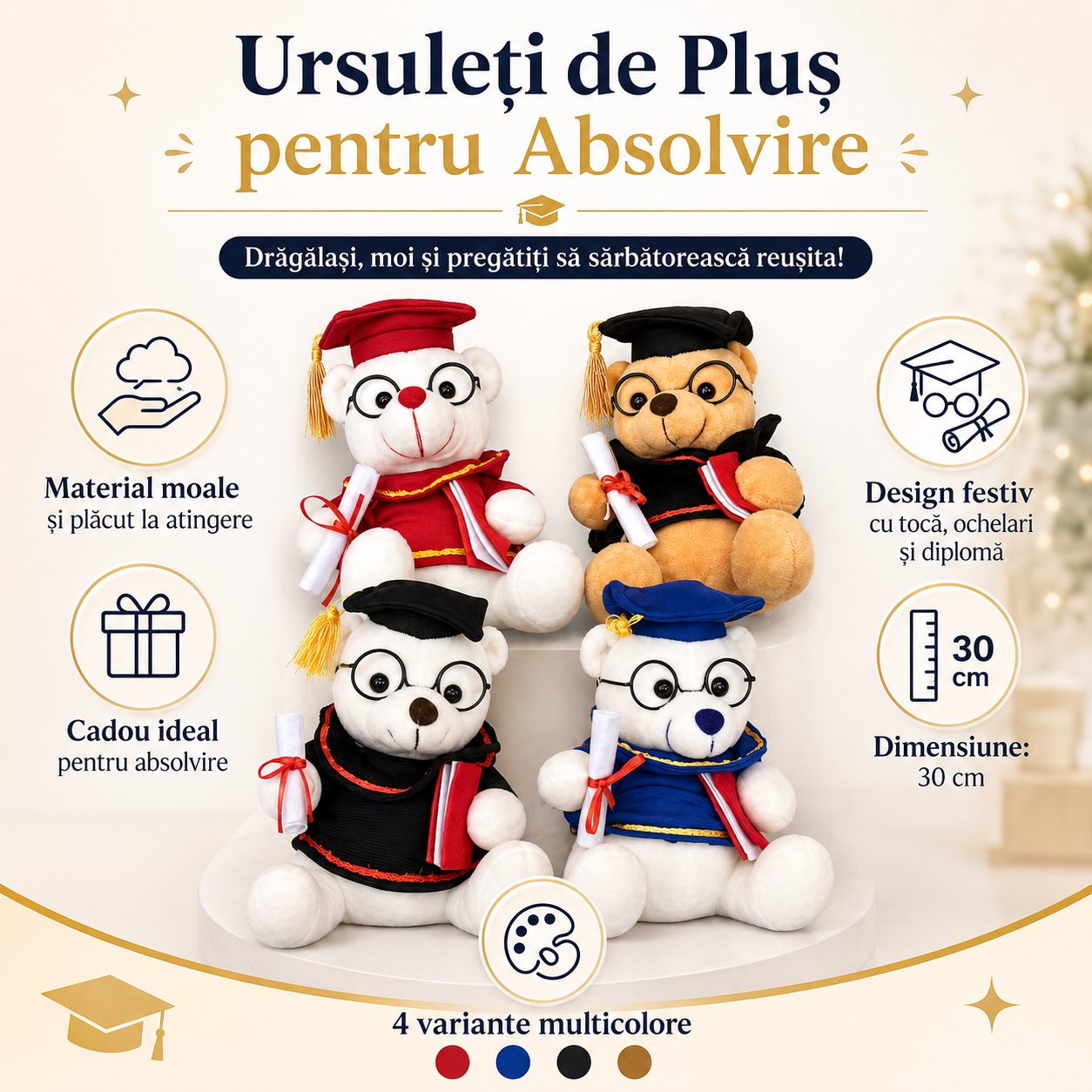 Ursulet de Plus Absolvent, , Jucarie Moale cu Toca, Ochelari si Diploma, Cadou pentru Absolvire, 30 cm, Multicolor 4