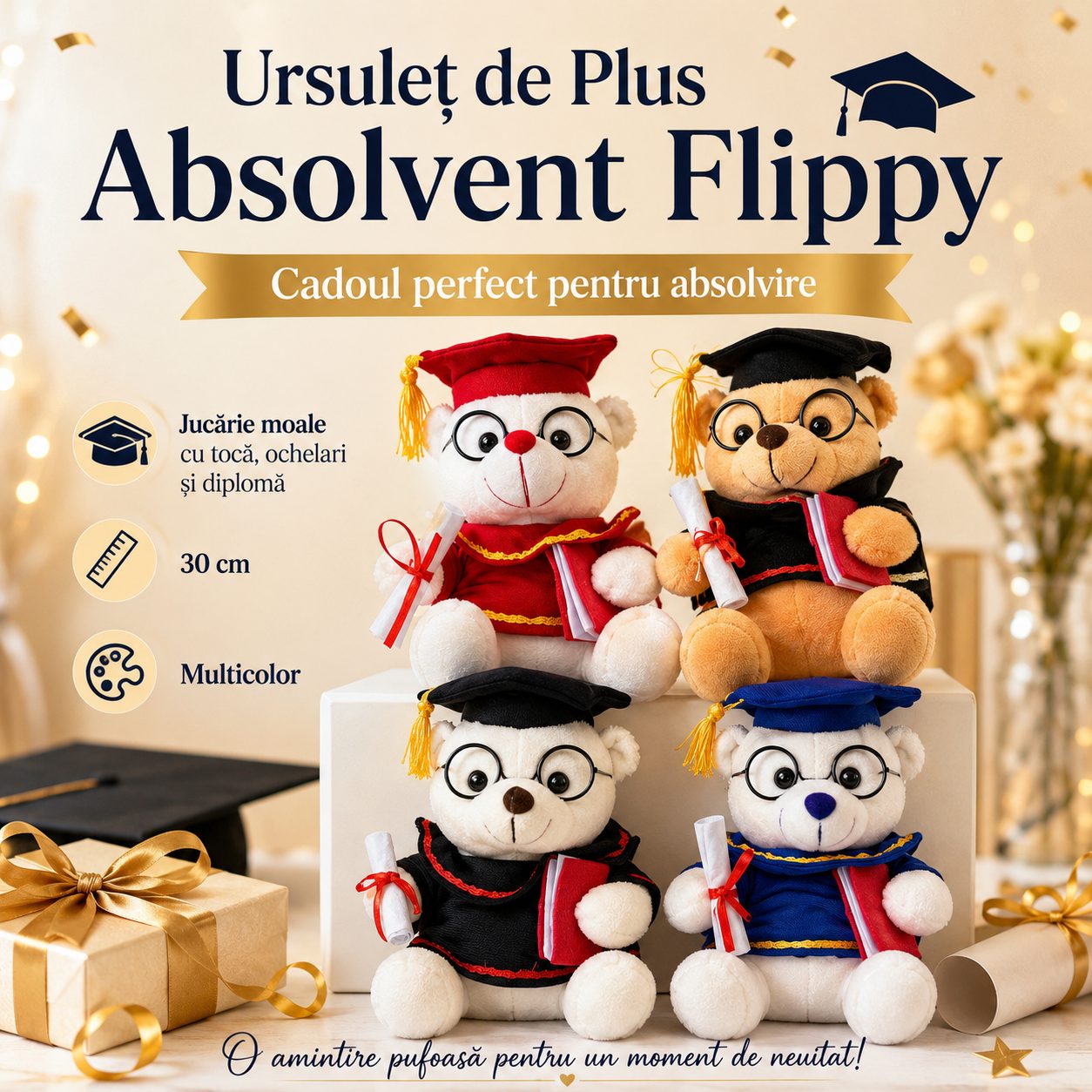Ursulet de Plus Absolvent, , Jucarie Moale cu Toca, Ochelari si Diploma, Cadou pentru Absolvire, 30 cm, Multicolor 2