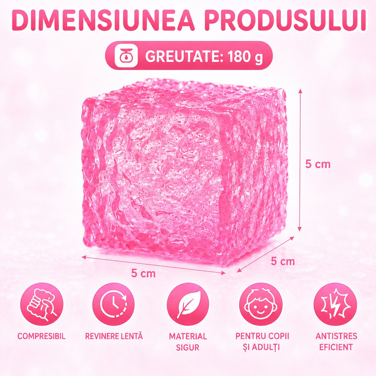 Jucarie Squishy tip Needoh in Forma de Cub, , Model cu Striatii, Antistres Senzoriala Comprimabila cu Revenire, 5x5x5 cm, 180 g, Roz 2