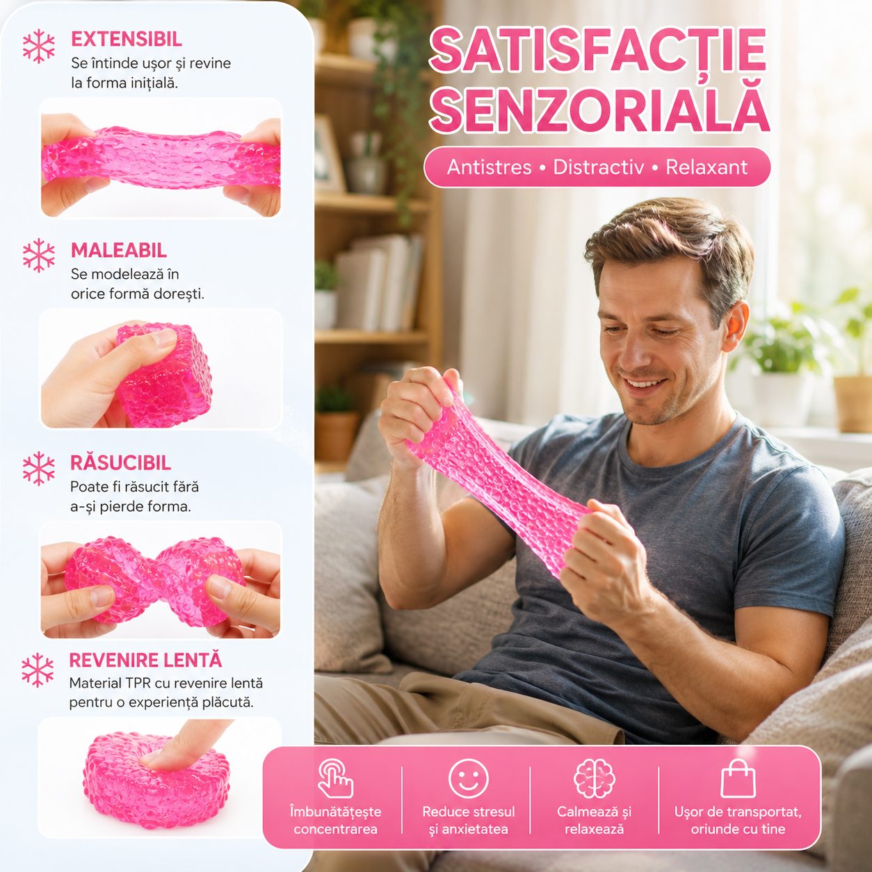 Jucarie Squishy tip Needoh in Forma de Cub, , Model cu Striatii, Antistres Senzoriala Comprimabila cu Revenire, 5x5x5 cm, 180 g, Roz 3