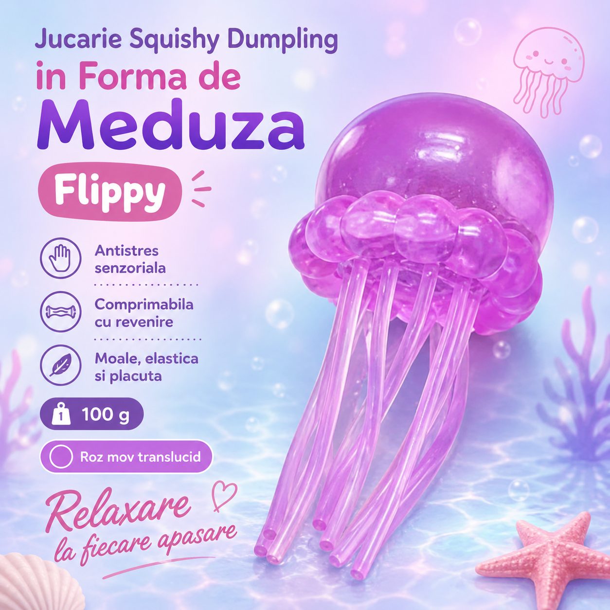Jucarie Squishy Dumpling in Forma de Meduza, , Antistres Senzoriala Comprimabila cu Revenire, 100 g, Roz 5