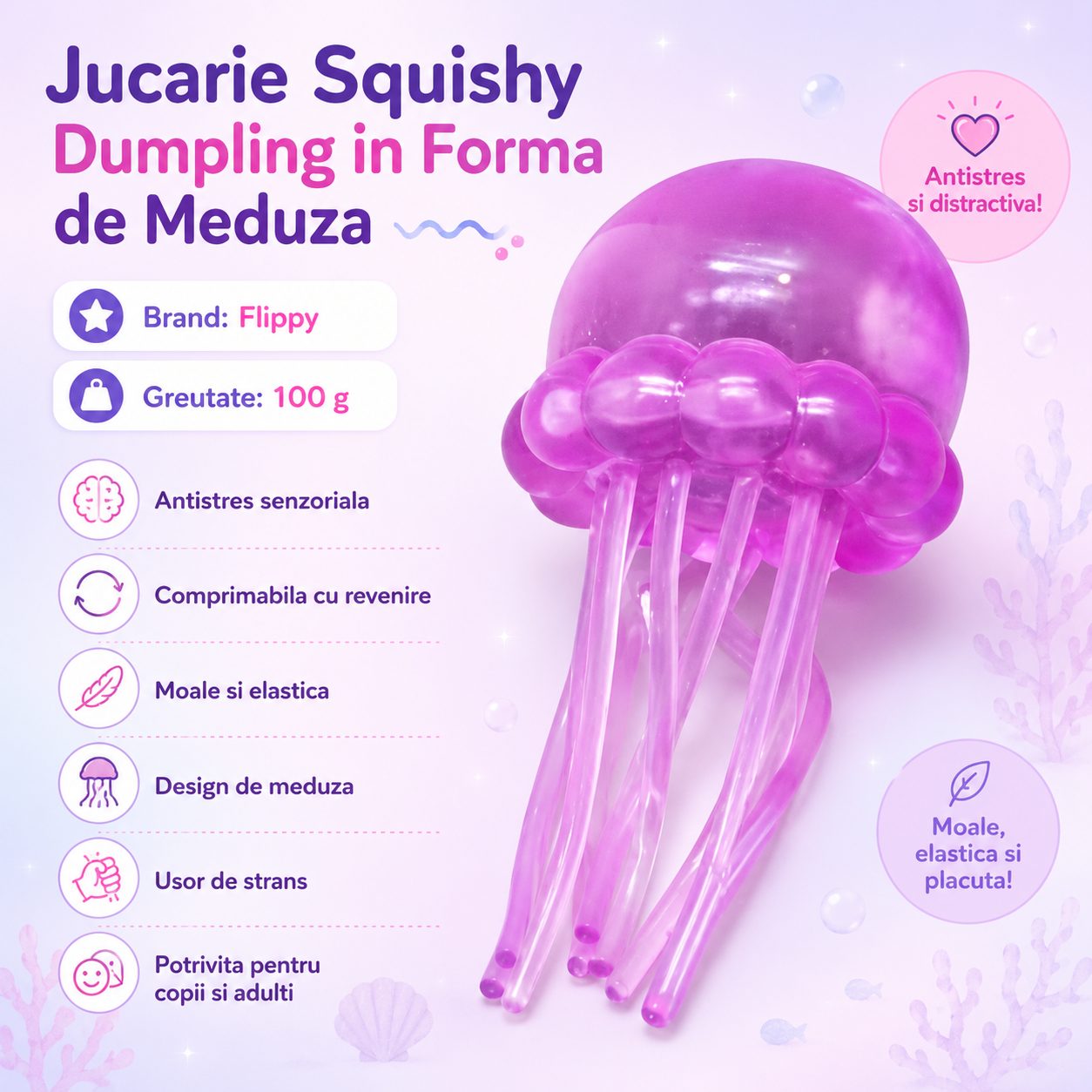 Jucarie Squishy Dumpling in Forma de Meduza, , Antistres Senzoriala Comprimabila cu Revenire, 100 g, Roz 2