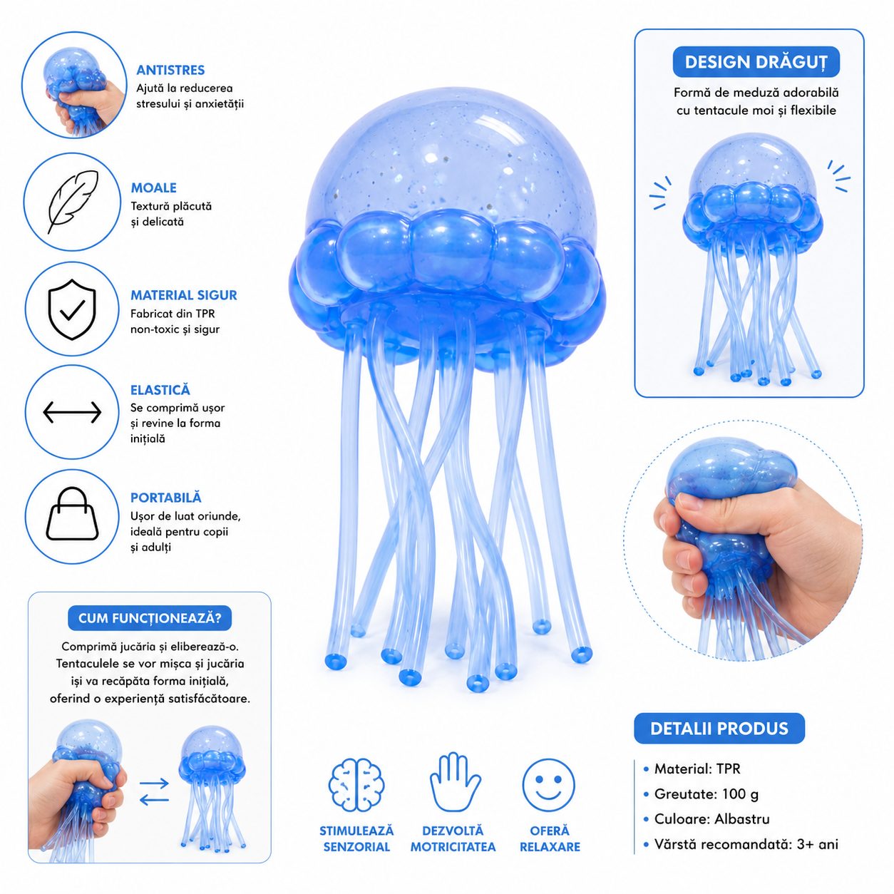 Jucarie Squishy Dumpling in Forma de Meduza, Flippy, Antistres Senzoriala Comprimabila cu Revenire, 100 g, Albastru