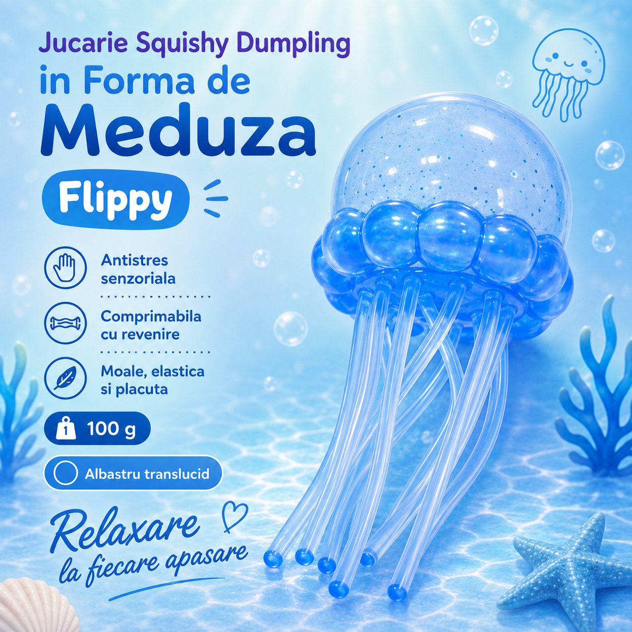 Jucarie Squishy Dumpling in Forma de Meduza, Flippy, Antistres Senzoriala Comprimabila cu Revenire, 100 g, Albastru