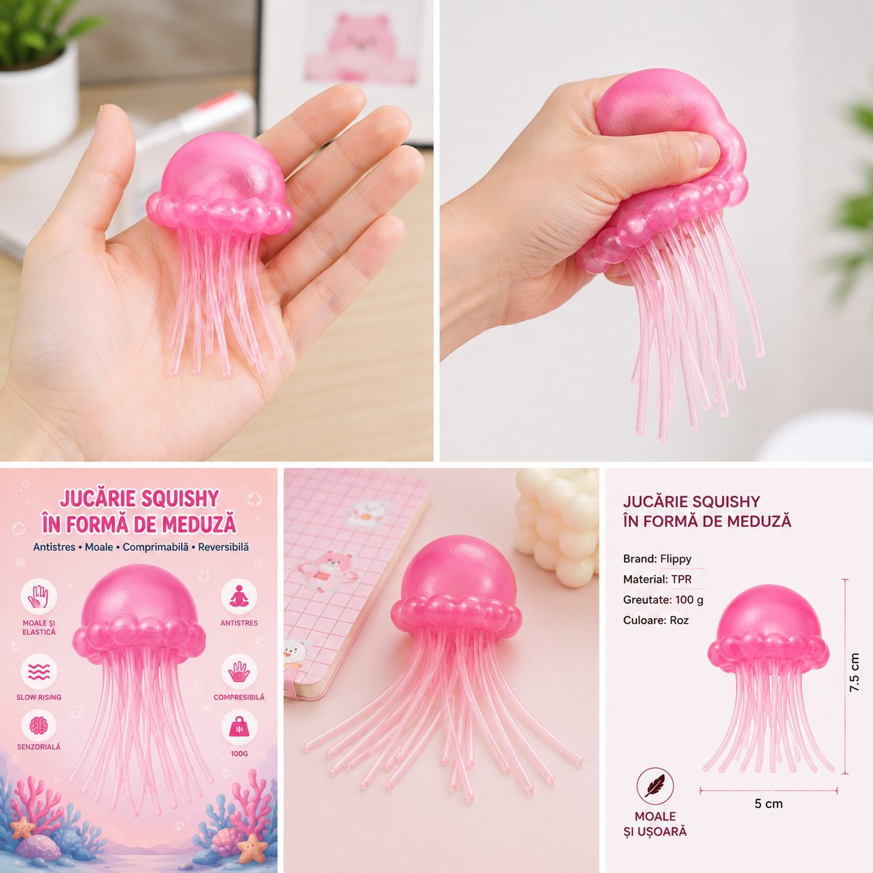 Jucarie Squishy Dumpling in Forma de Meduza, Flippy, Antistres Senzoriala Comprimabila cu Revenire, 100 g, Roz