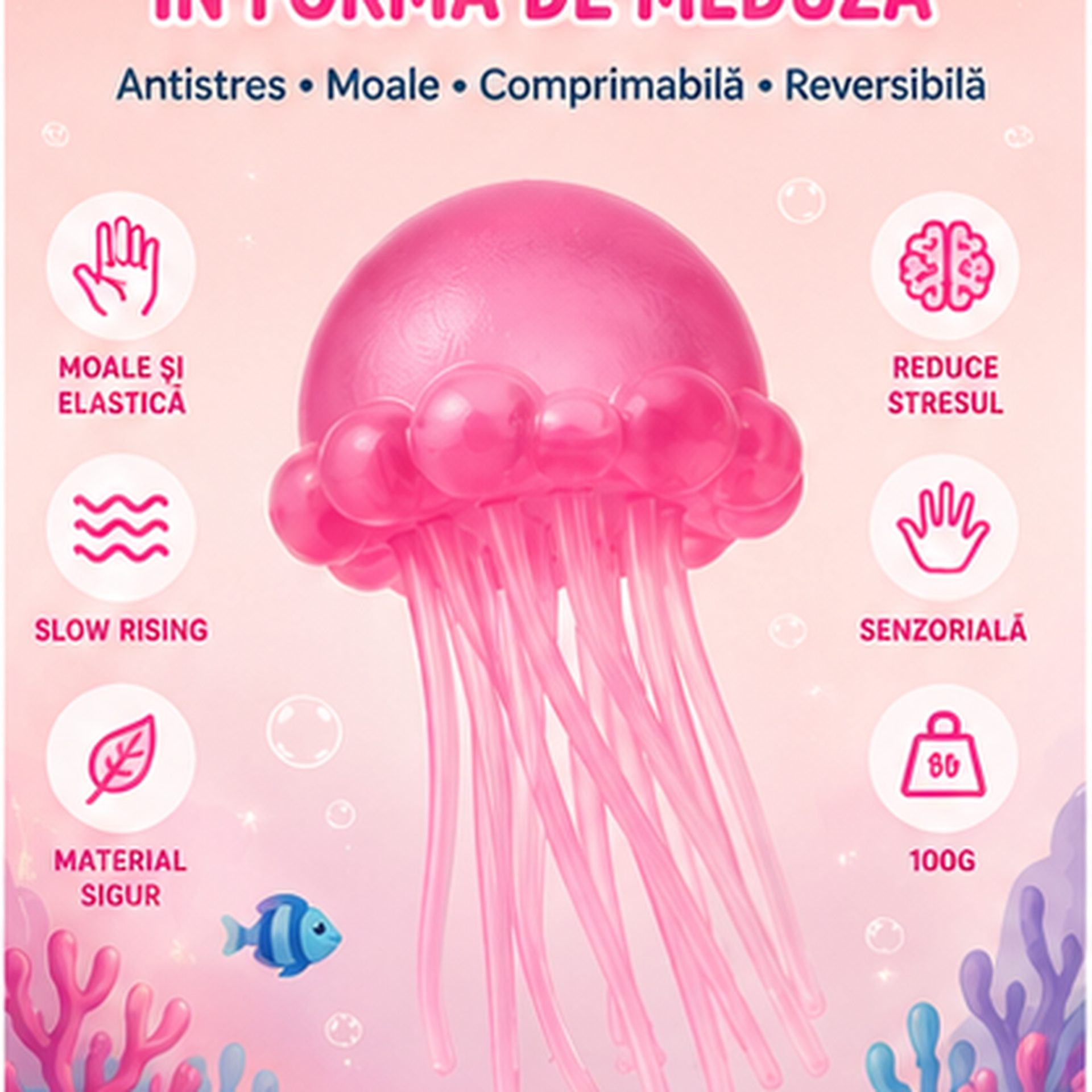 Jucarie Squishy Dumpling in Forma de Meduza, Flippy, Antistres Senzoriala Comprimabila cu Revenire, 100 g, Roz