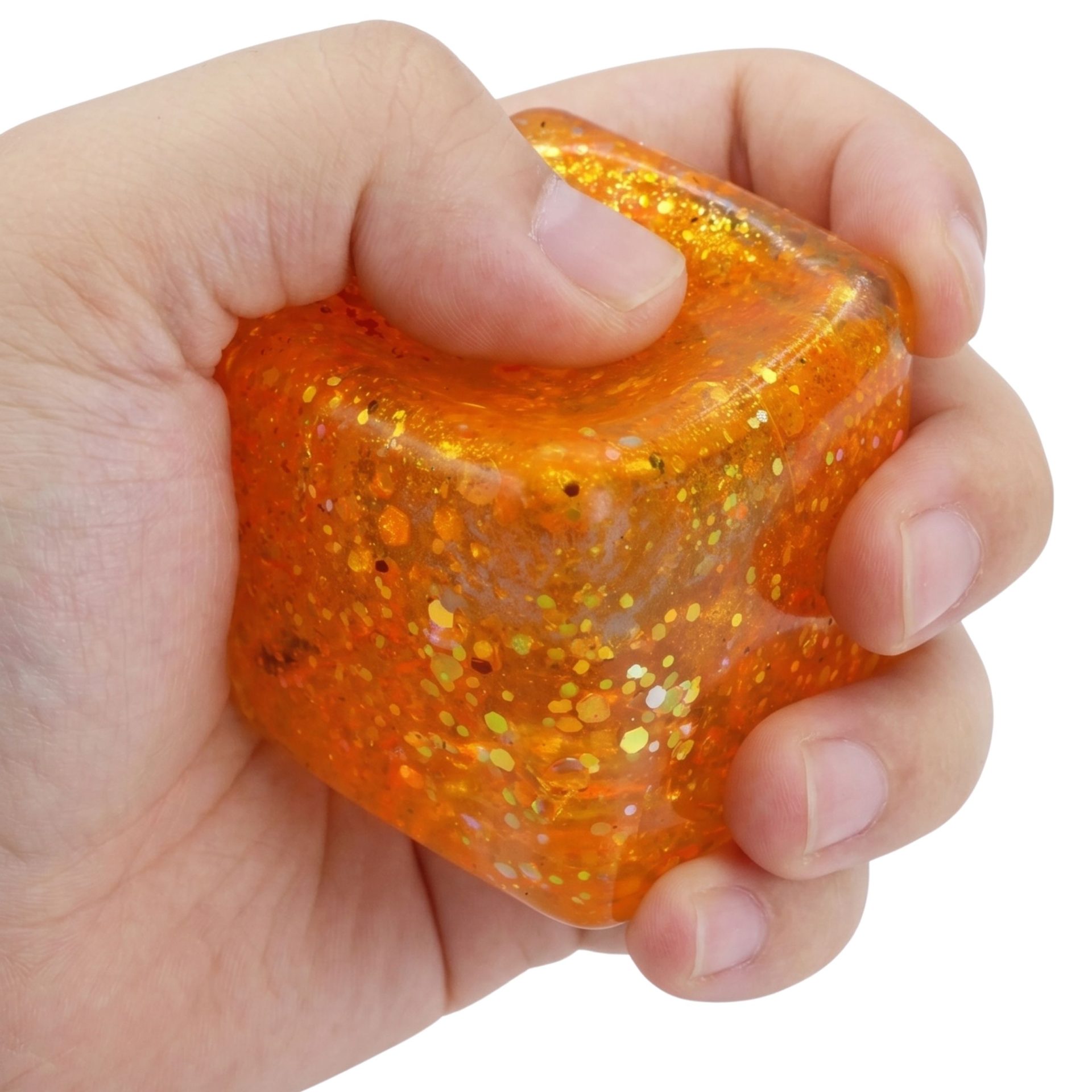 Jucarie Squishy tip Needoh in Forma de Cub, , Model Cub de Gheata cu Sclipici Magic din Maltoza, Antistres Senzoriala Comprimabila cu Revenire Lenta, 5 cm, 140 g, Portocaliu 4