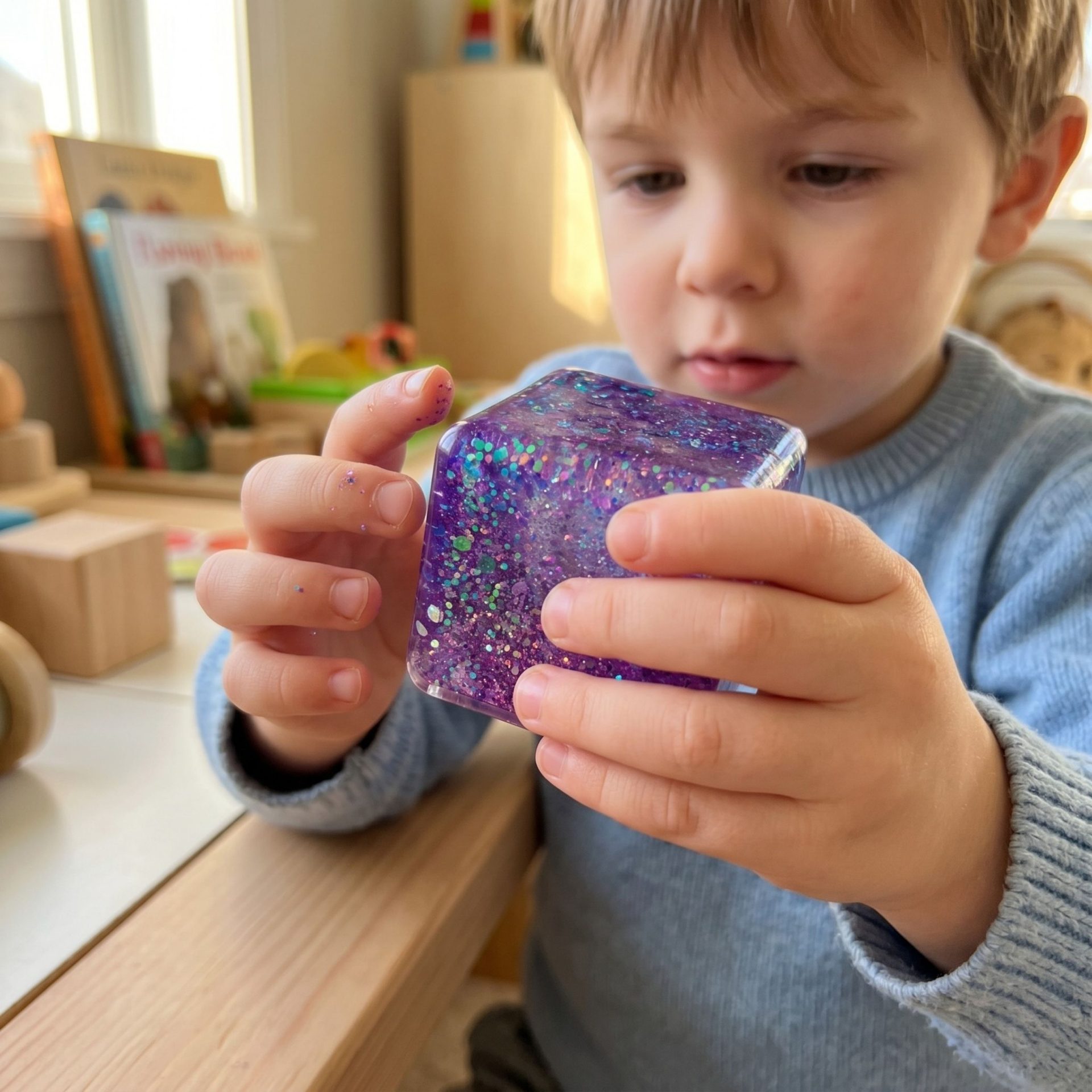 Jucarie Squishy tip Needoh in Forma de Cub, , Model Cub de Gheata cu Sclipici Magic din Maltoza, Antistres Senzoriala Comprimabila cu Revenire Lenta, 5 cm, 140 g, Mov 4