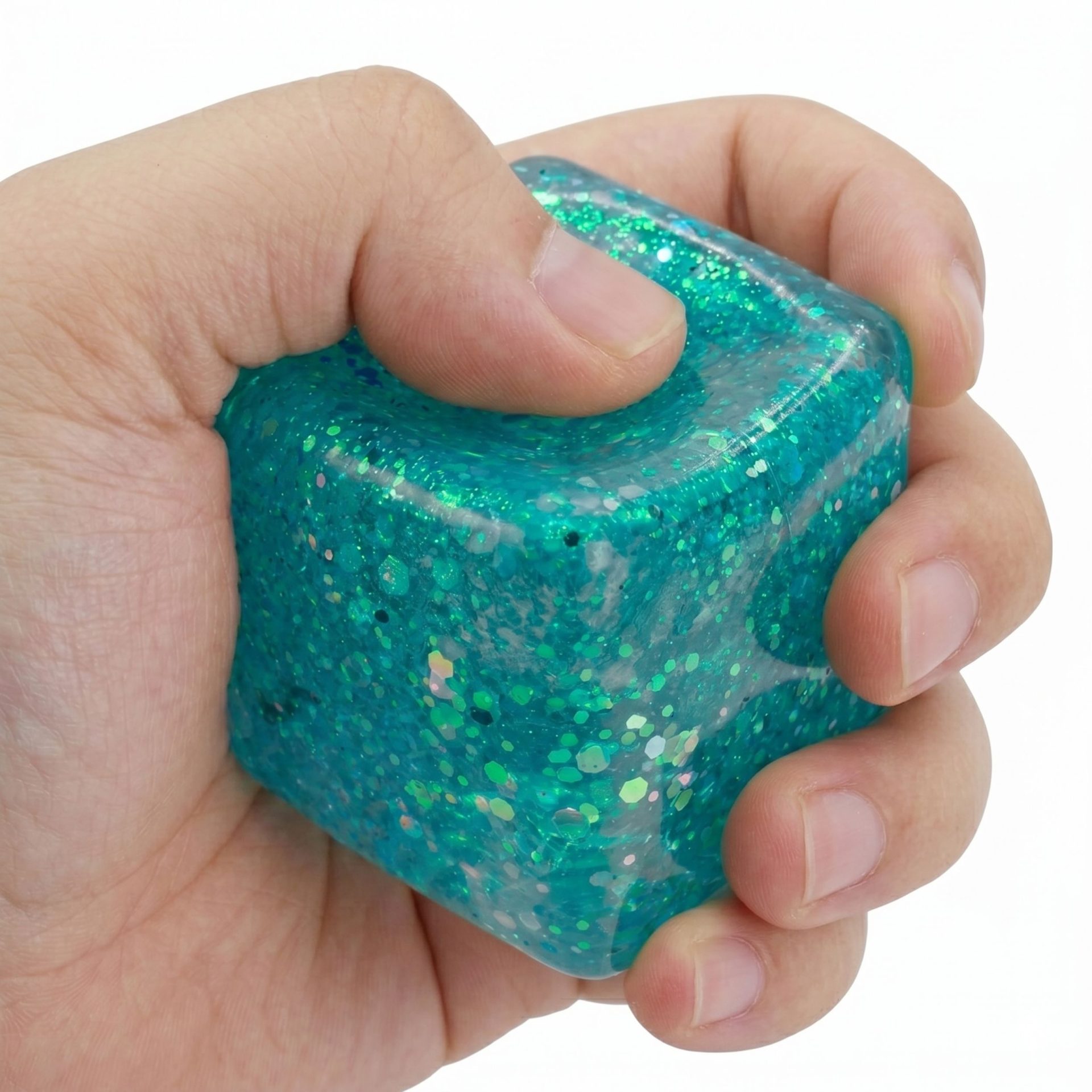 Jucarie Squishy tip Needoh in Forma de Cub, , Model Cub de Gheata cu Sclipici Magic din Maltoza, Antistres Senzoriala Comprimabila cu Revenire Lenta, 5 cm, 140 g, Albastru 4