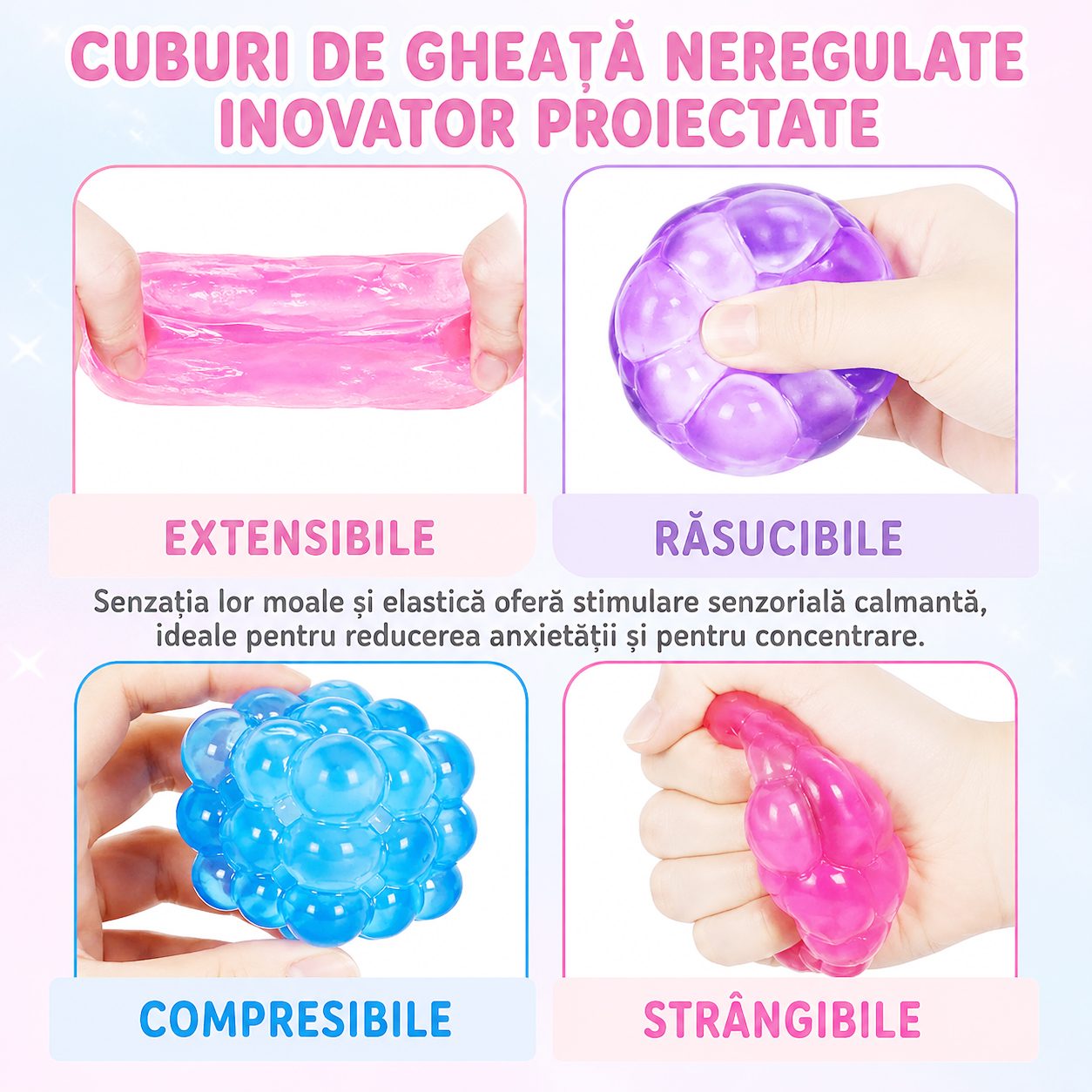 Jucarie Squishy tip Needoh in Forma de Cub, , Model Magic Bubble Cube 3D, Antistres Senzoriala Comprimabila cu Revenire, 5x5x5 cm, 125 g, Mov 5