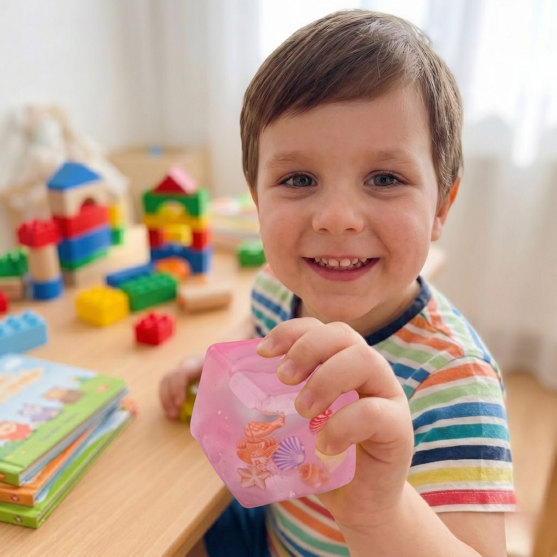 Jucarie Squishy tip Needoh in Forma de Cub, , Model Ocean cu Scoici, Antistres Senzoriala Comprimabila cu Revenire, 5 cm, Roz 4