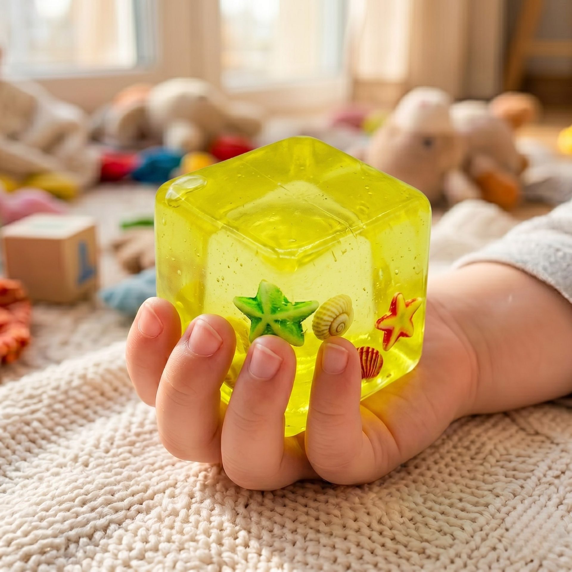 Jucarie Squishy tip Needoh in Forma de Cub, , Model Ocean cu Scoici, Antistres Senzoriala Comprimabila cu Revenire, 5 cm, Galben 3