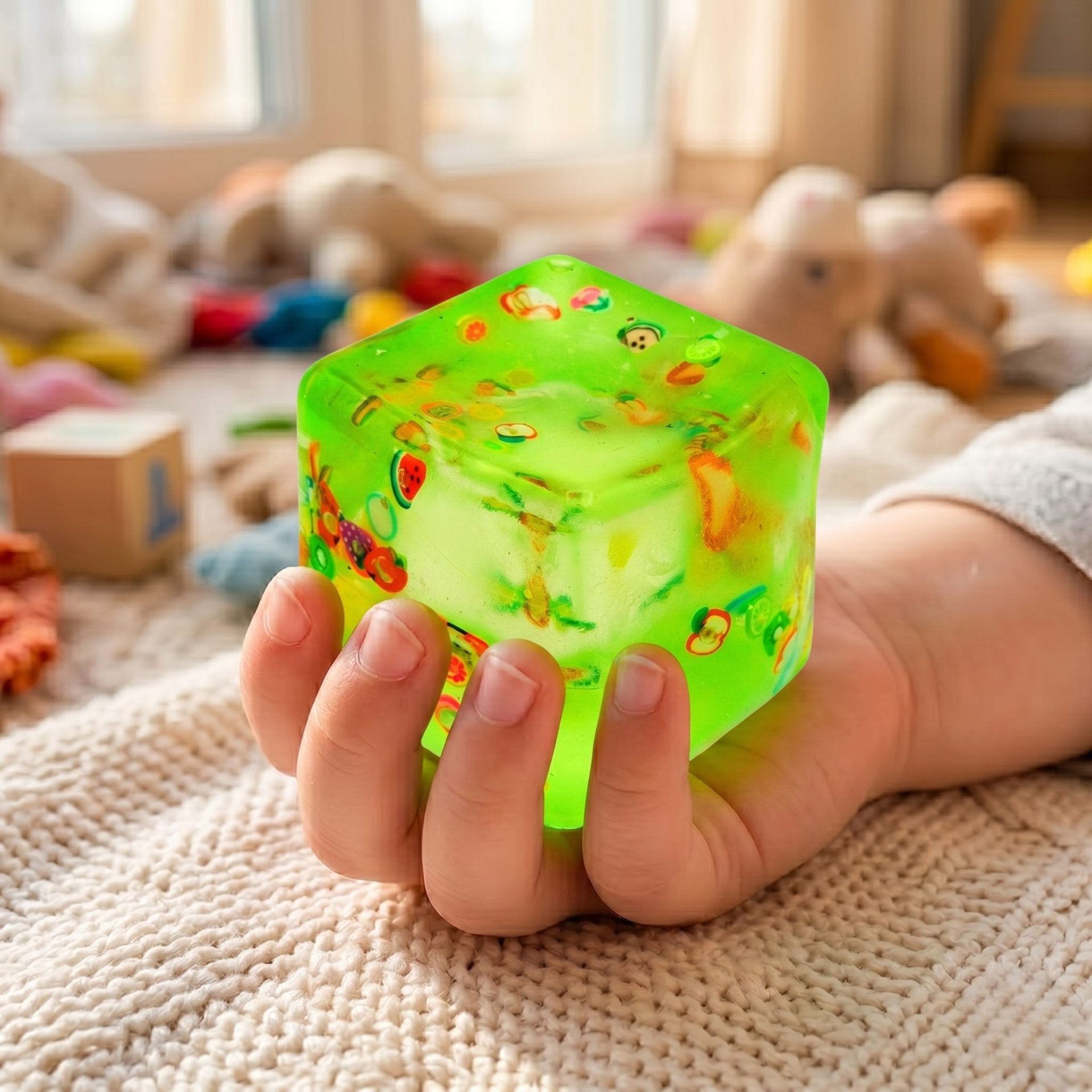 Jucarie Squishy tip Needoh in Forma de Cub, , Model Fructe de Vara, Antistres Senzoriala Comprimabila cu Revenire, 5 cm, Verde 5