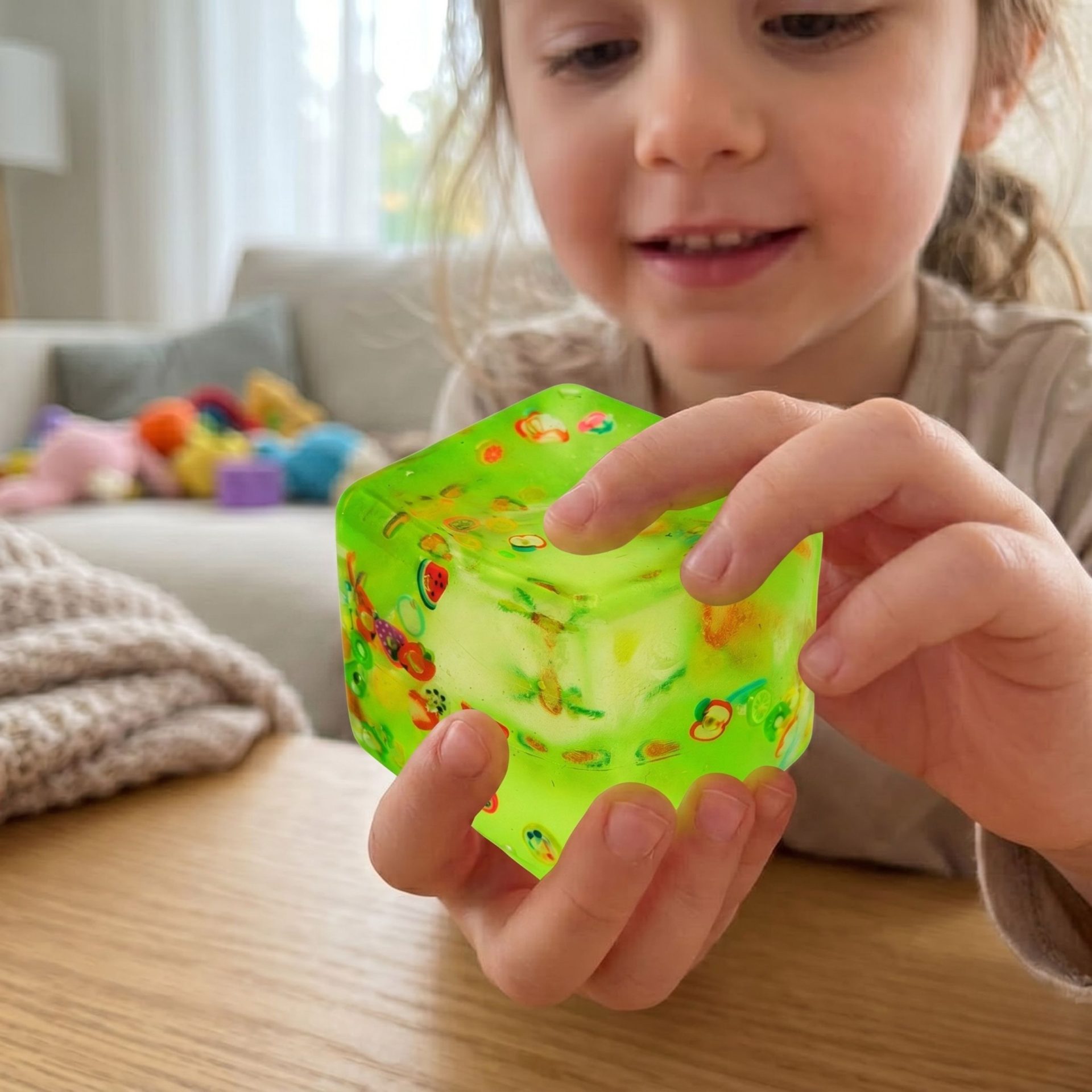 Jucarie Squishy tip Needoh in Forma de Cub, , Model Fructe de Vara, Antistres Senzoriala Comprimabila cu Revenire, 5 cm, Verde 4