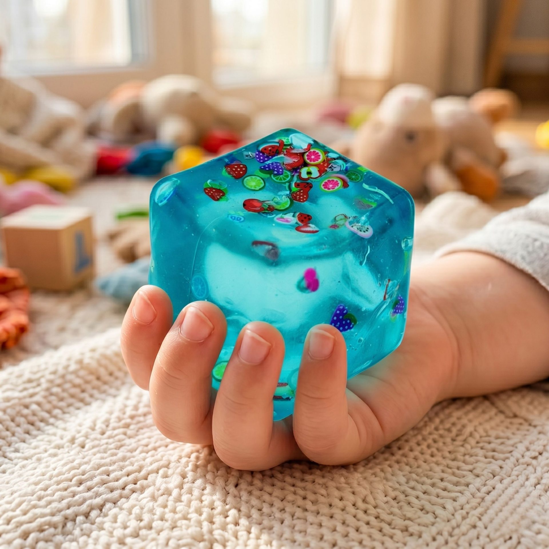 Jucarie Squishy tip Needoh in Forma de Cub, , Model Fructe de Vara, Antistres Senzoriala Comprimabila cu Revenire, 5 cm, Albastru 3