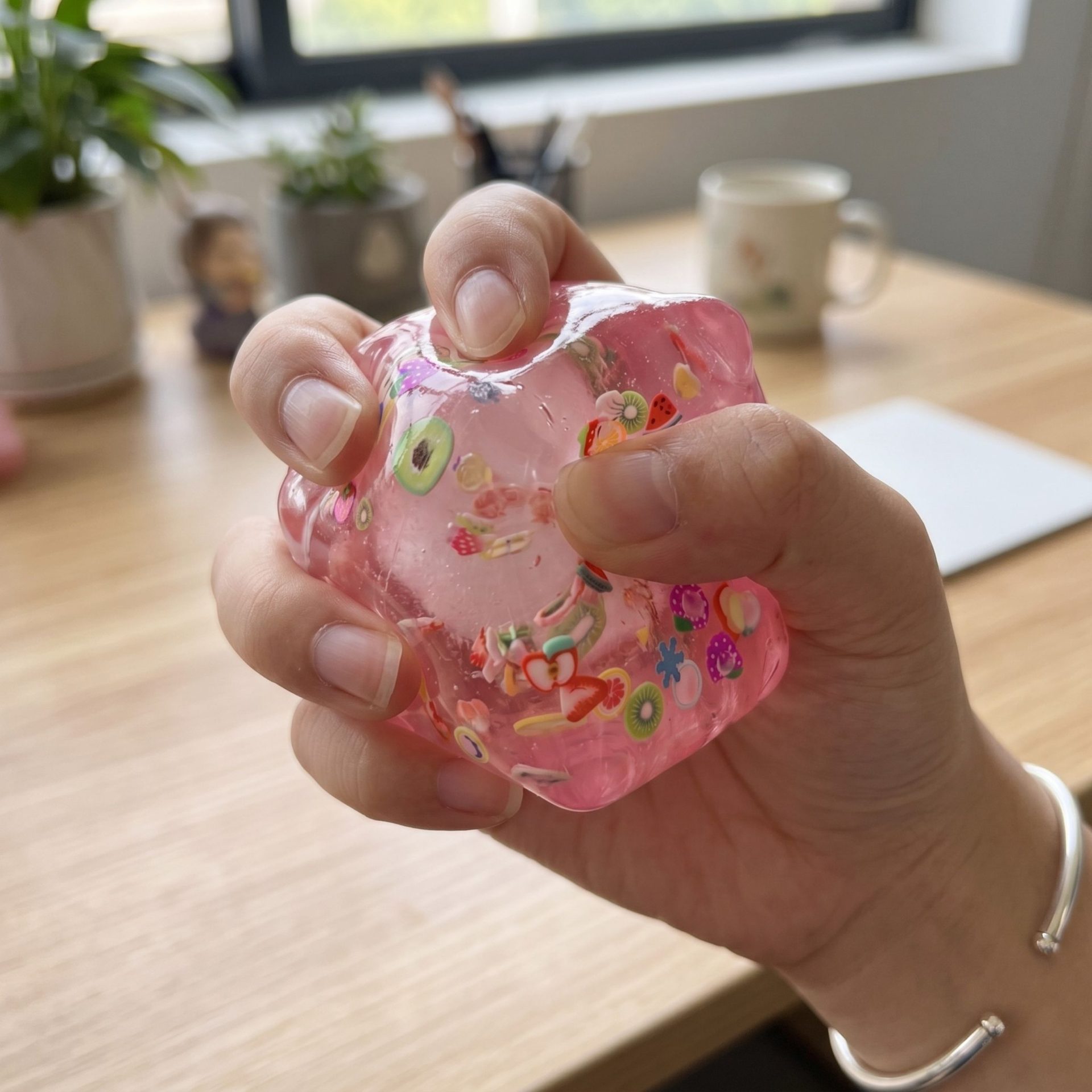 Jucarie Squishy tip Needoh in Forma de Cub, , Model Fructe de Vara, Antistres Senzoriala Comprimabila cu Revenire, 5 cm, Roz 4