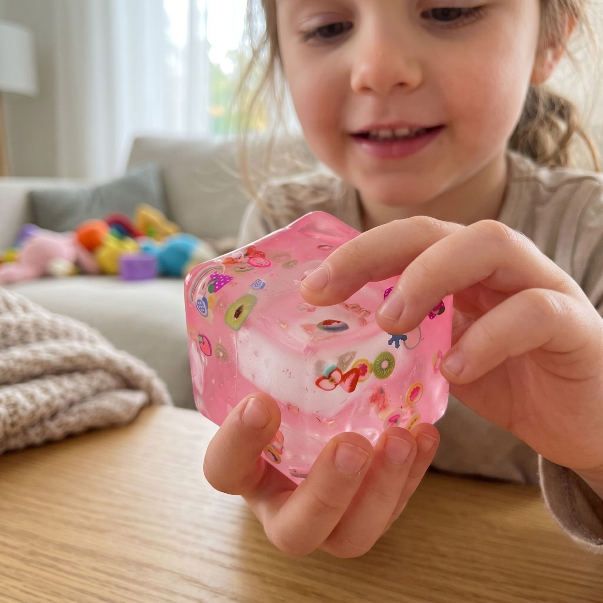 Jucarie Squishy tip Needoh in Forma de Cub, , Model Fructe de Vara, Antistres Senzoriala Comprimabila cu Revenire, 5 cm, Roz 5