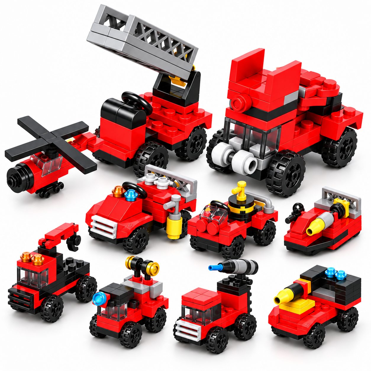 Set de Constructie, Flippy, Vehicule de Pompieri si Salvare 10 in 1, 323 Piese, 10 Modele, Varsta 6+ Ani, 23.5 x 15 x 7.5 cm, Multicolor