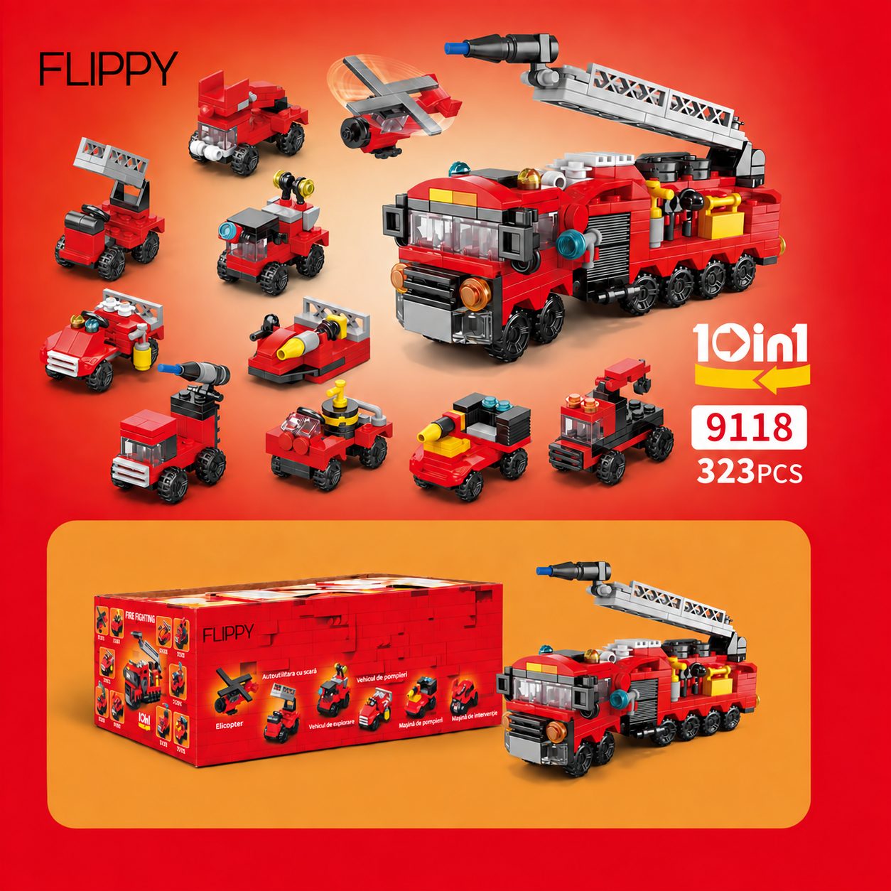 Set de Constructie, Flippy, Vehicule de Pompieri si Salvare 10 in 1, 323 Piese, 10 Modele, Varsta 6+ Ani, 23.5 x 15 x 7.5 cm, Multicolor