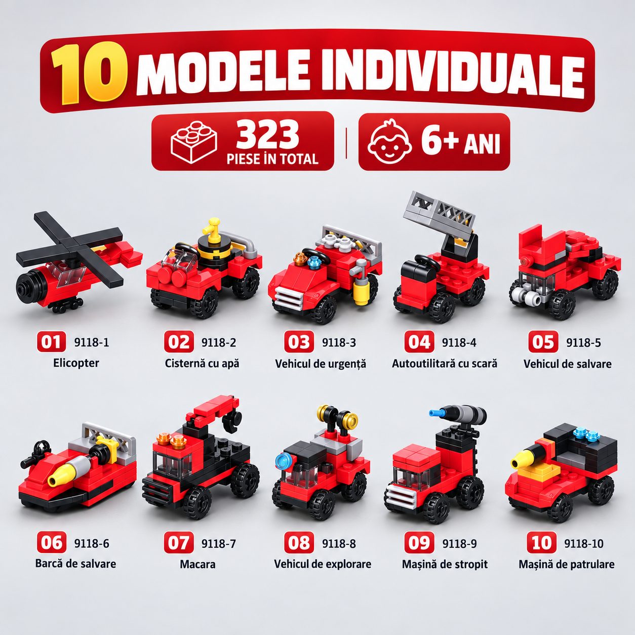 Set de Constructie, Flippy, Vehicule de Pompieri si Salvare 10 in 1, 323 Piese, 10 Modele, Varsta 6+ Ani, 23.5 x 15 x 7.5 cm, Multicolor