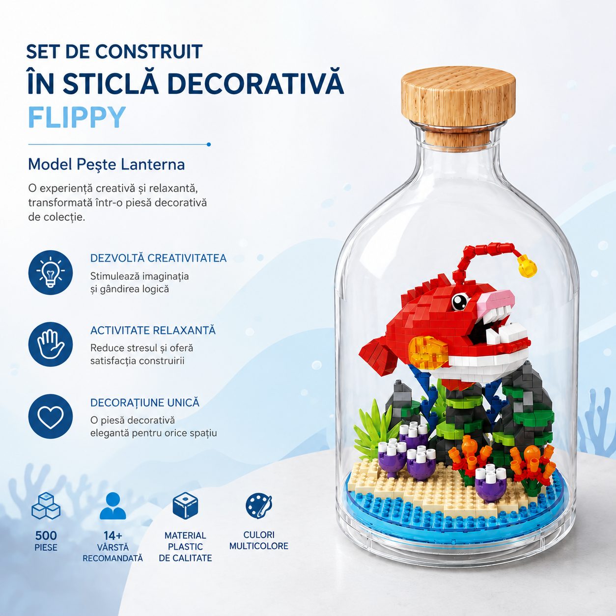 Set de Construit in Sticla Decorativa, Flippy, Model Peste Lanterna, 500 de Piese, Jucarie Creativa si Educationala pentru Copii 14+, Tip Pixel Building Blocks, 10 x 19.6 cm, Multicolor