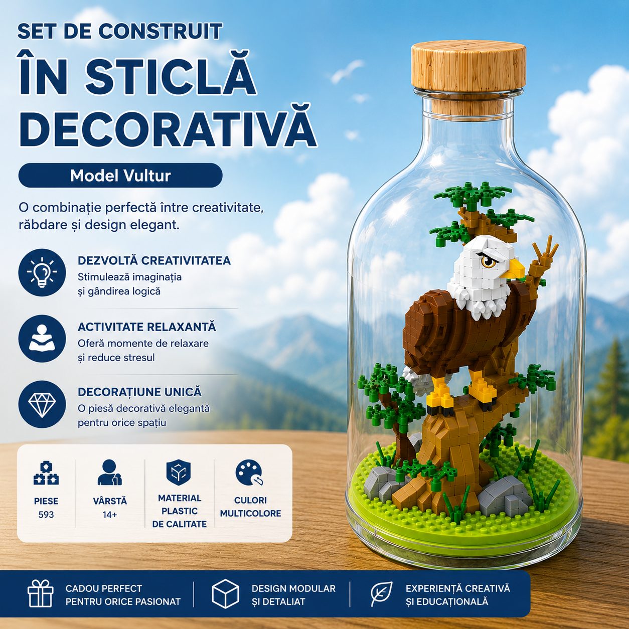 Set de Construit in Sticla Decorativa, Flippy, Model Vultur, Jucarie Creativa si Educationala pentru Copii 14+, Tip Pixel Building Blocks, 10 x 19.6 cm, Multicolor