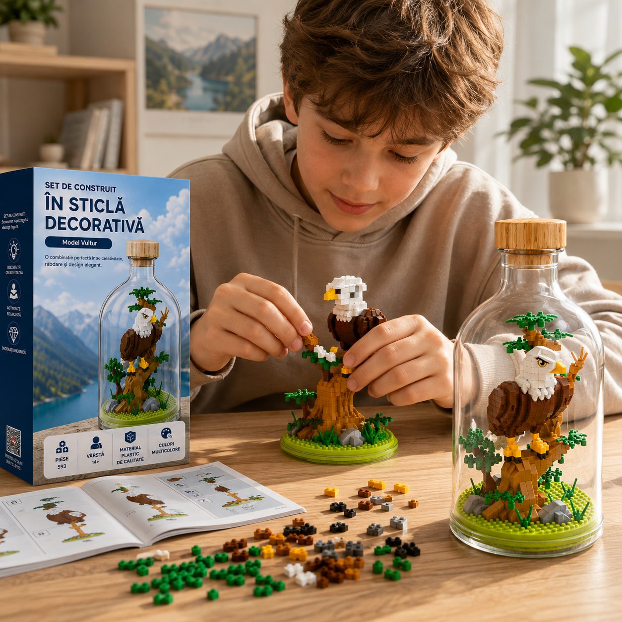 Set de Construit in Sticla Decorativa, Flippy, Model Vultur, Jucarie Creativa si Educationala pentru Copii 14+, Tip Pixel Building Blocks, 10 x 19.6 cm, Multicolor