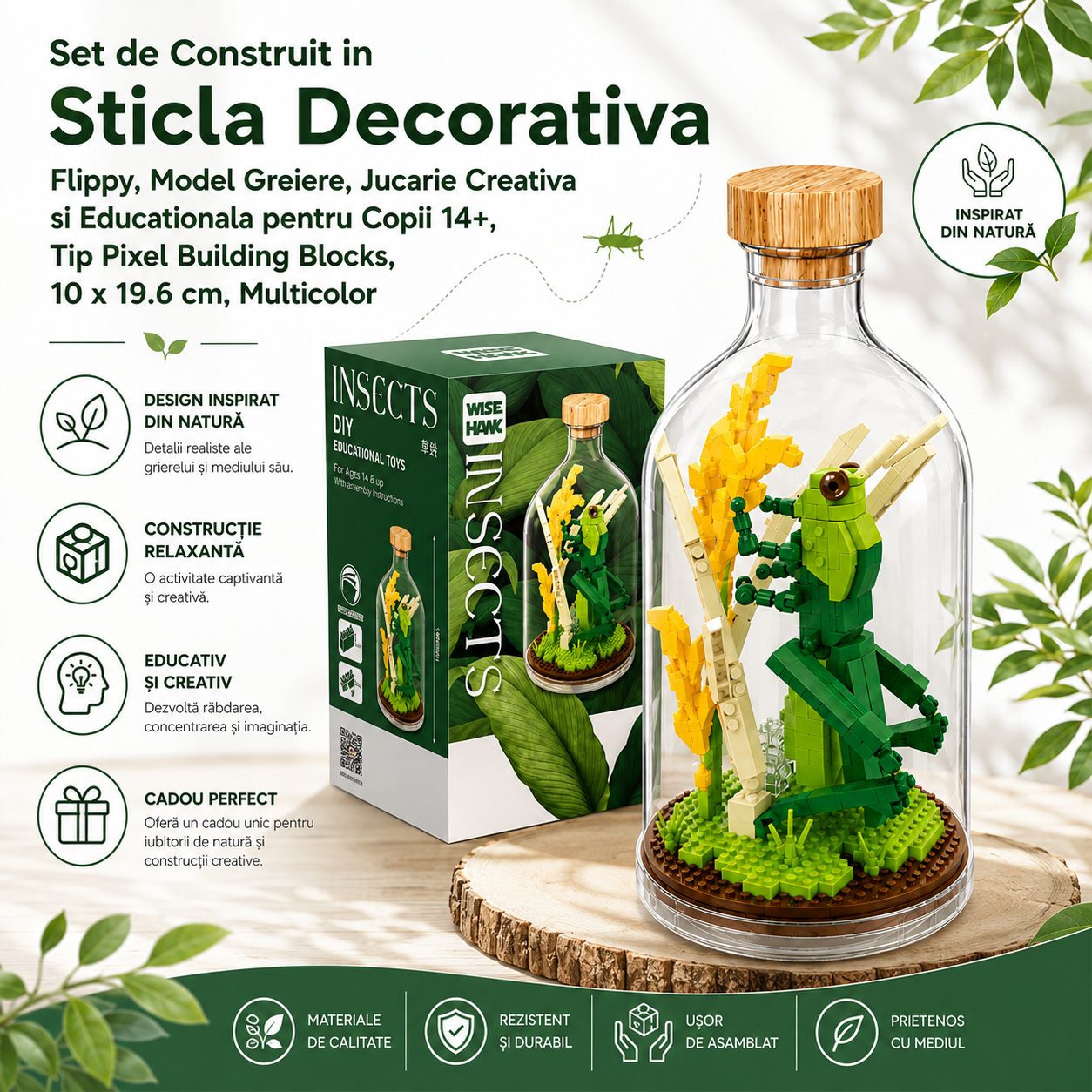 Set de Construit in Sticla Decorativa, Flippy, Model Greiere, Jucarie Creativa si Educationala pentru Copii 14+, Tip Pixel Building Blocks, 10 x 19.6 cm, Multicolor