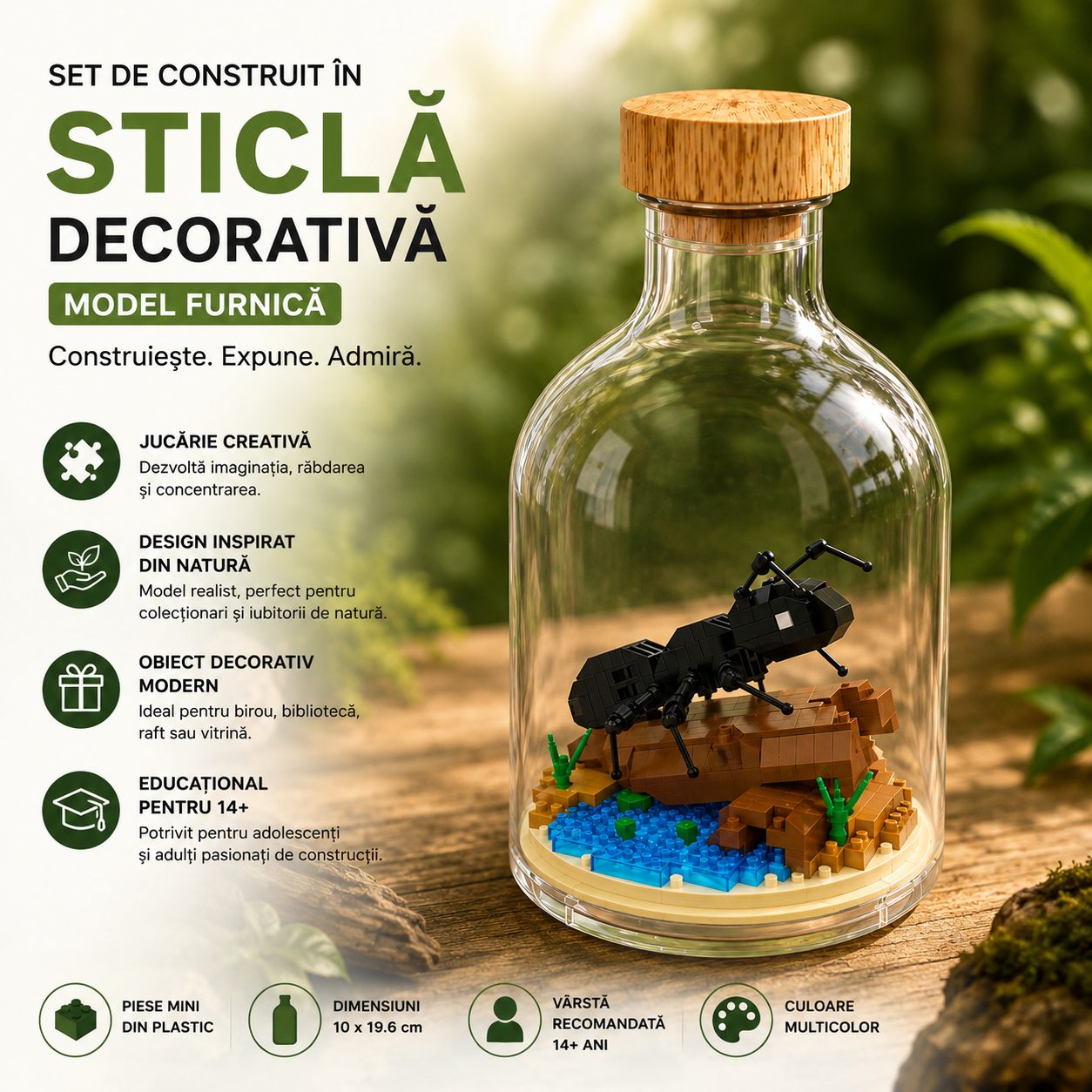Set de Construit in Sticla Decorativa, Flippy, Model Furnica, Jucarie Creativa si Educationala pentru Copii 14+, Tip Pixel Building Blocks, 10 x 19.6 cm, Multicolor
