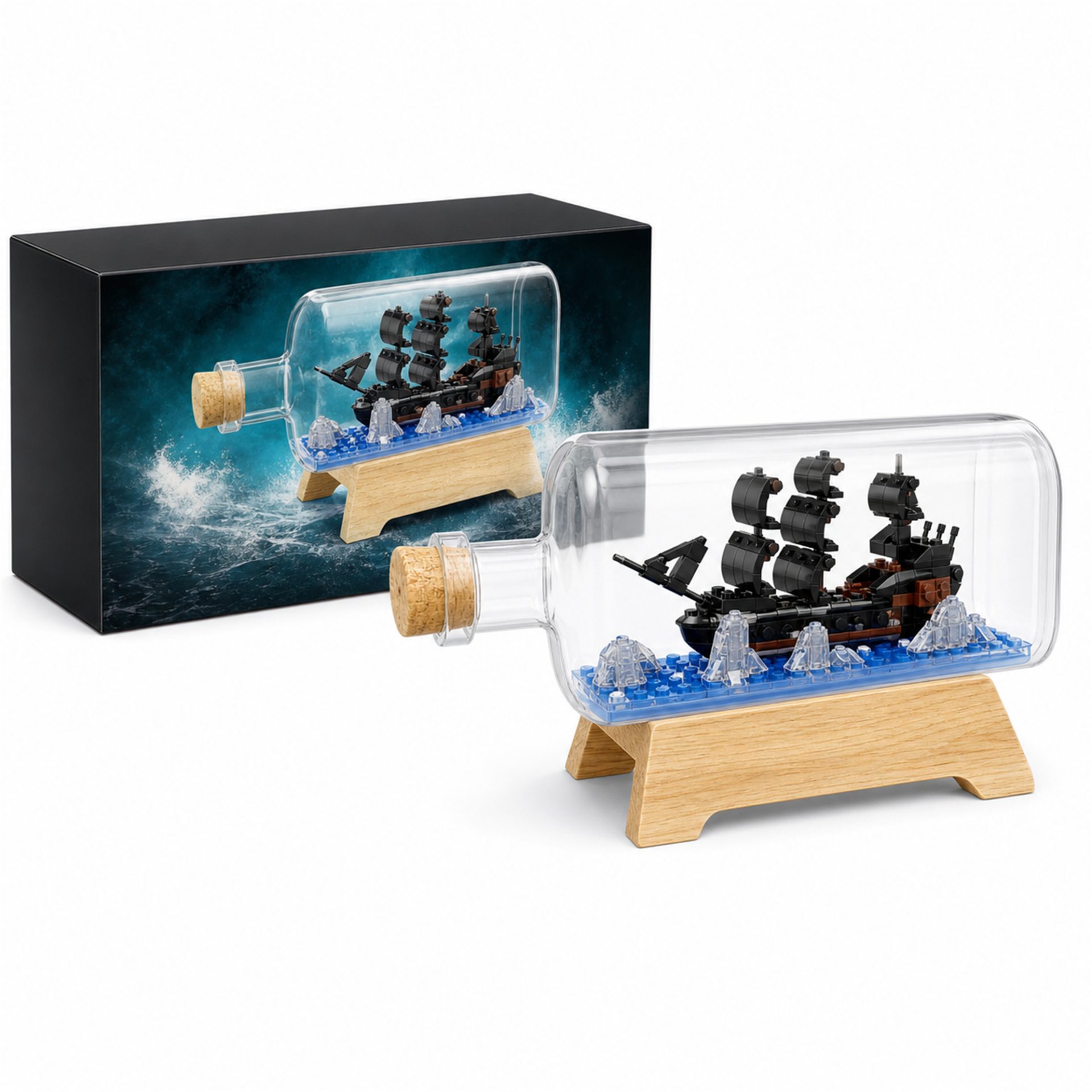 Set de Construit in Sticla cu Suport din Lemn, Flippy, Model Corabie Pirati, Jucarie Tip Blocuri din Plastic, Decoratiune DIY pentru Asamblare, Dimensiune 20.2 x 13 x 22.3 cm, Varsta 14 Ani+, Multicolor