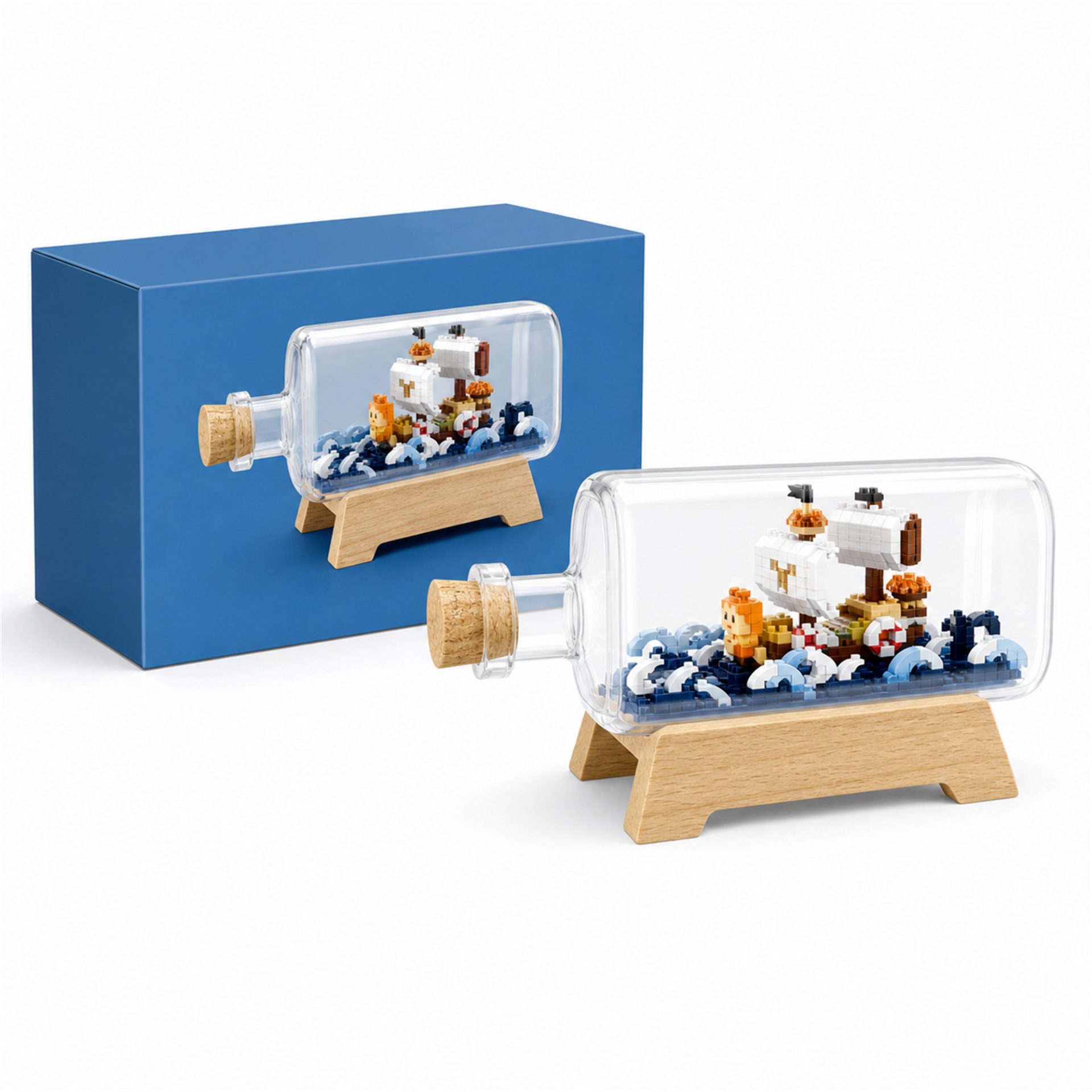 Set de Construit in Sticla cu Suport din Lemn, Flippy, Model Corabie, Jucarie Tip Blocuri din Plastic, Decoratiune DIY pentru Asamblare, Dimensiune 20.2 x 13 x 22.3 cm, Varsta 14 Ani+, Multicolor