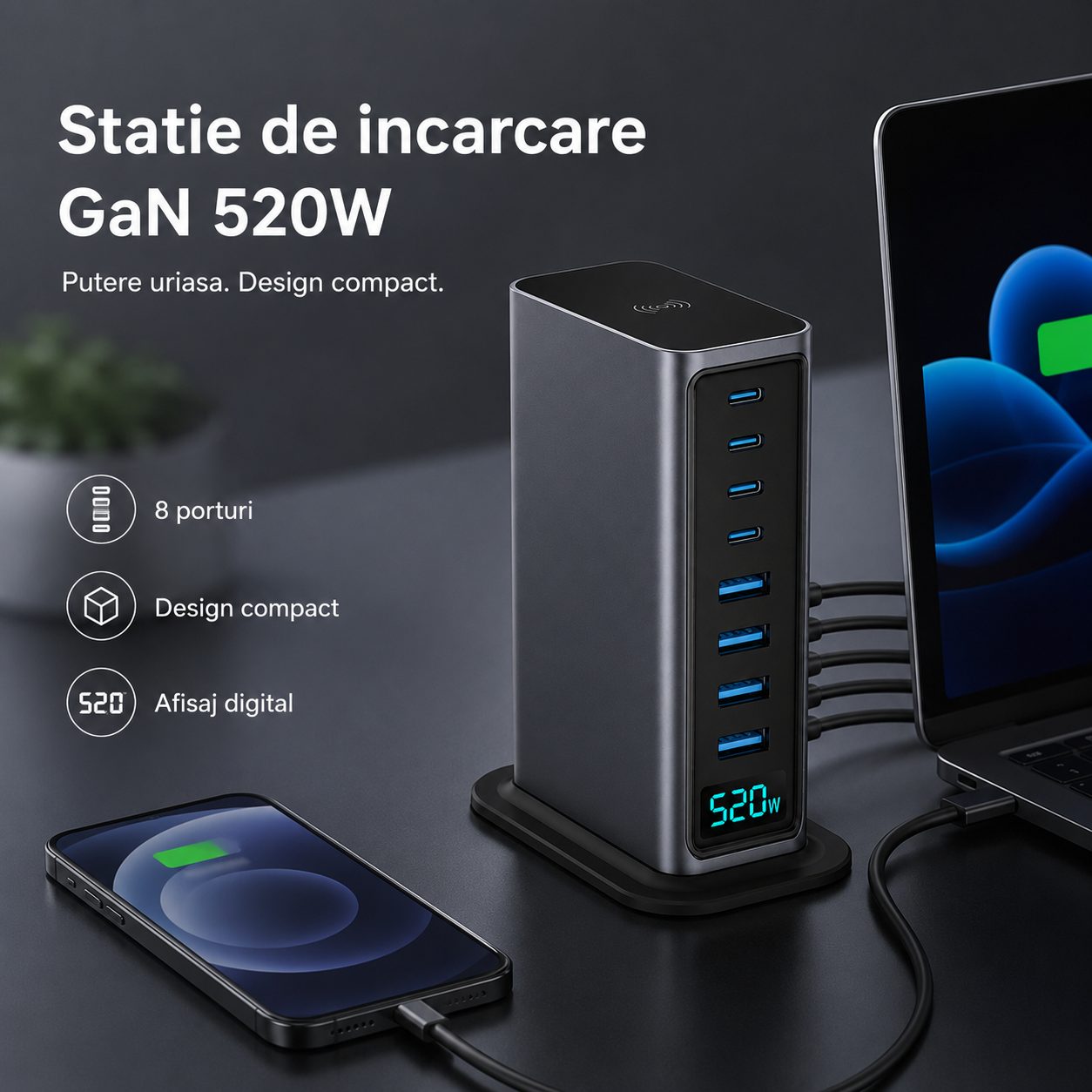 Statie de Incarcare, , 520W, Power Adapter cu Porturi Multiple, Incarcare Rapida, Standard European, Gri 2