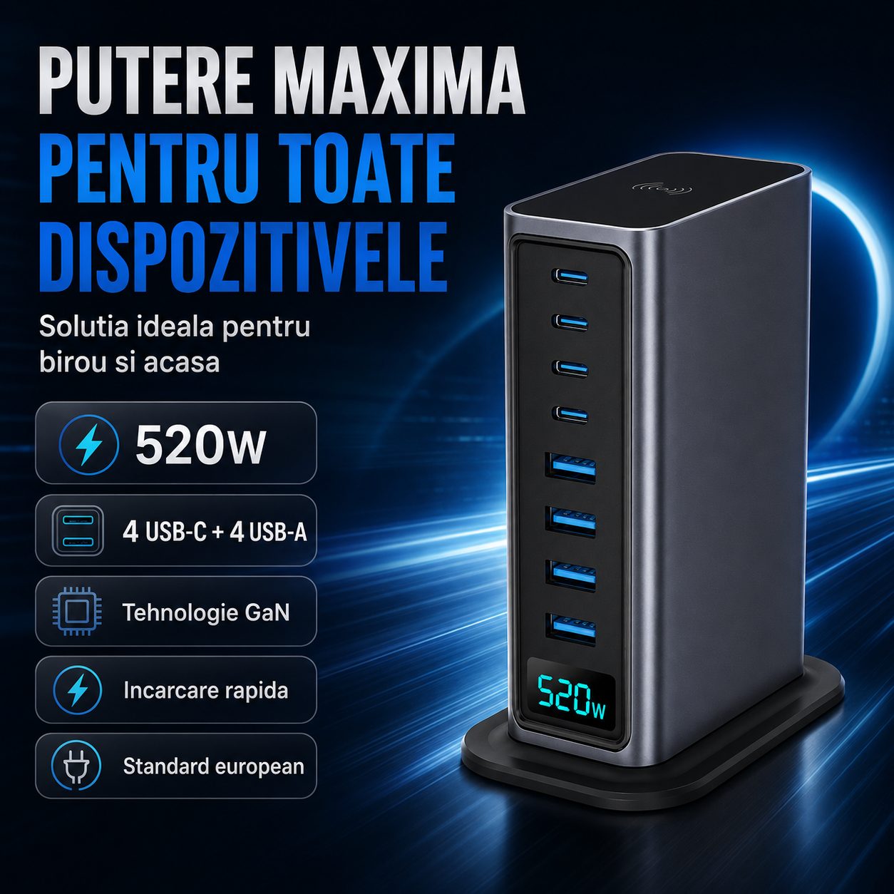 Statie de Incarcare, , 520W, Power Adapter cu Porturi Multiple, Incarcare Rapida, Standard European, Gri 3