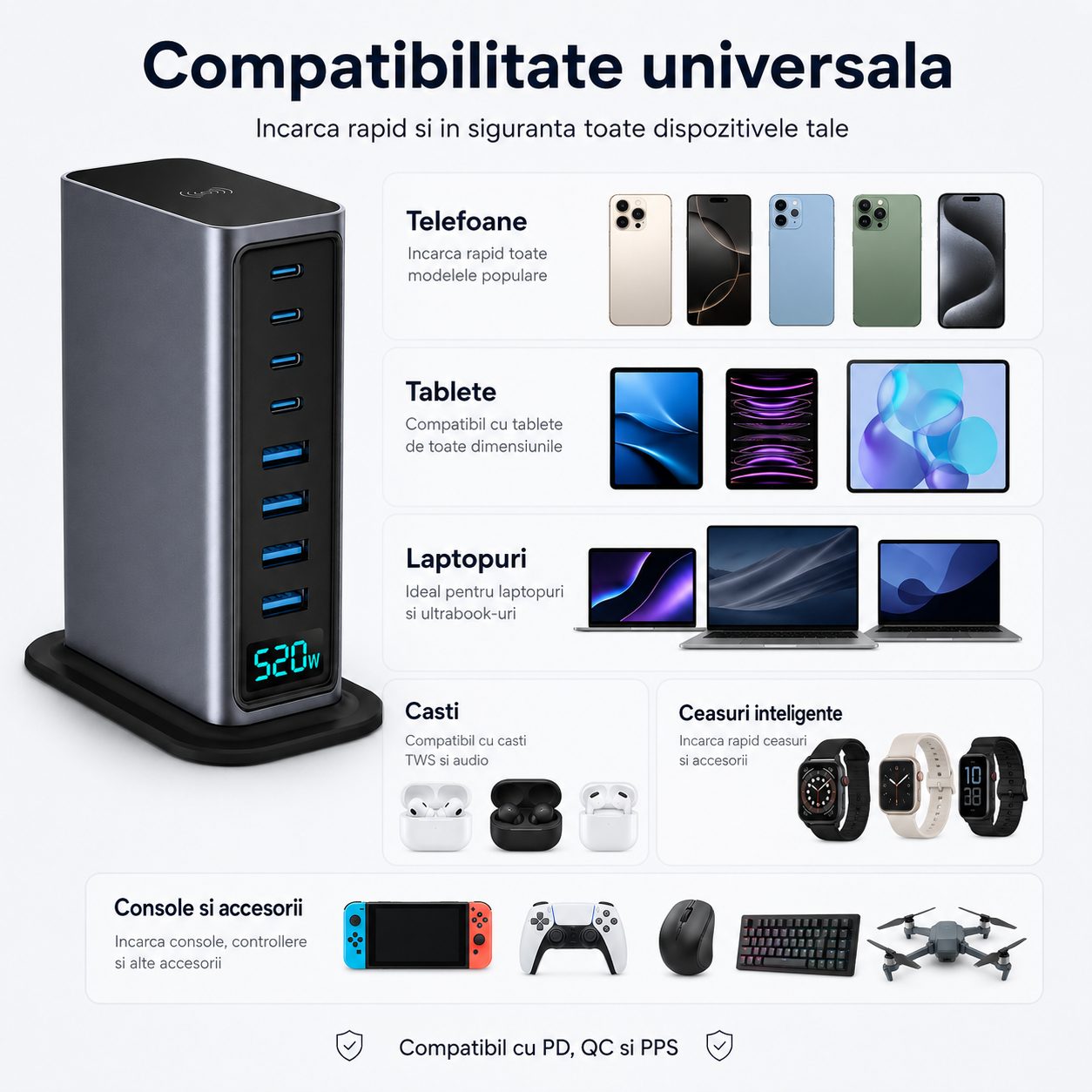 Statie de Incarcare, , 520W, Power Adapter cu Porturi Multiple, Incarcare Rapida, Standard European, Gri 4