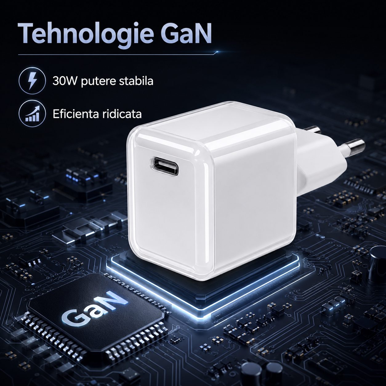 Incarcator Retea USB-C 30W Mini Ice Cube, , GaN Technology, Fast Charge, Carcasa Transparenta Bicolora, Standard European, Alb 4