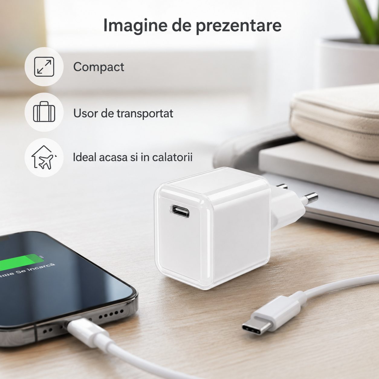 Incarcator Retea USB-C 30W Mini Ice Cube, , GaN Technology, Fast Charge, Carcasa Transparenta Bicolora, Standard European, Alb 2