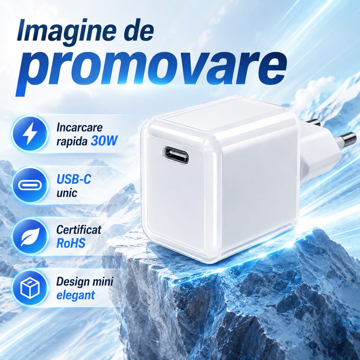Incarcator Retea USB-C 30W Mini Ice Cube, , GaN Technology, Fast Charge, Carcasa Transparenta Bicolora, Standard European, Alb 3