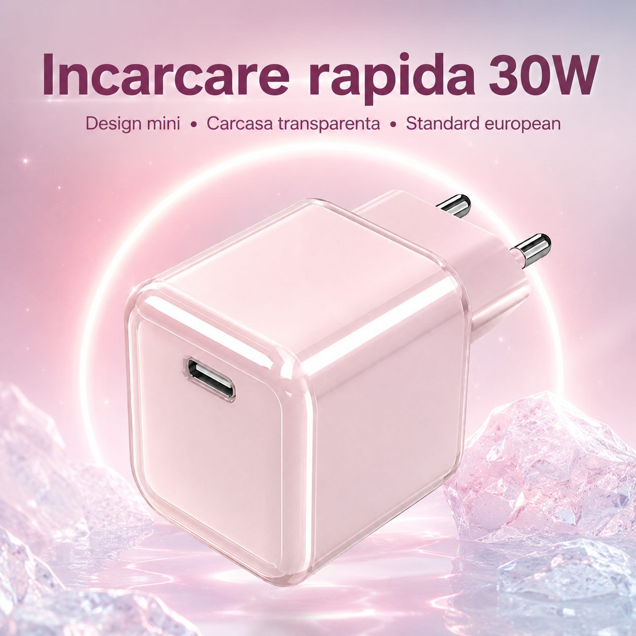 Incarcator Retea USB-C 30W Mini Ice Cube, , GaN Technology, Fast Charge, Carcasa Transparenta Bicolora, Standard European, Roz 4