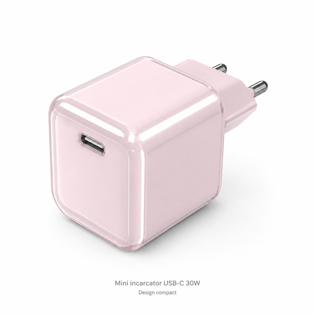Incarcator Retea USB-C 30W Mini Ice Cube, , GaN Technology, Fast Charge, Carcasa Transparenta Bicolora, Standard European, Roz 2