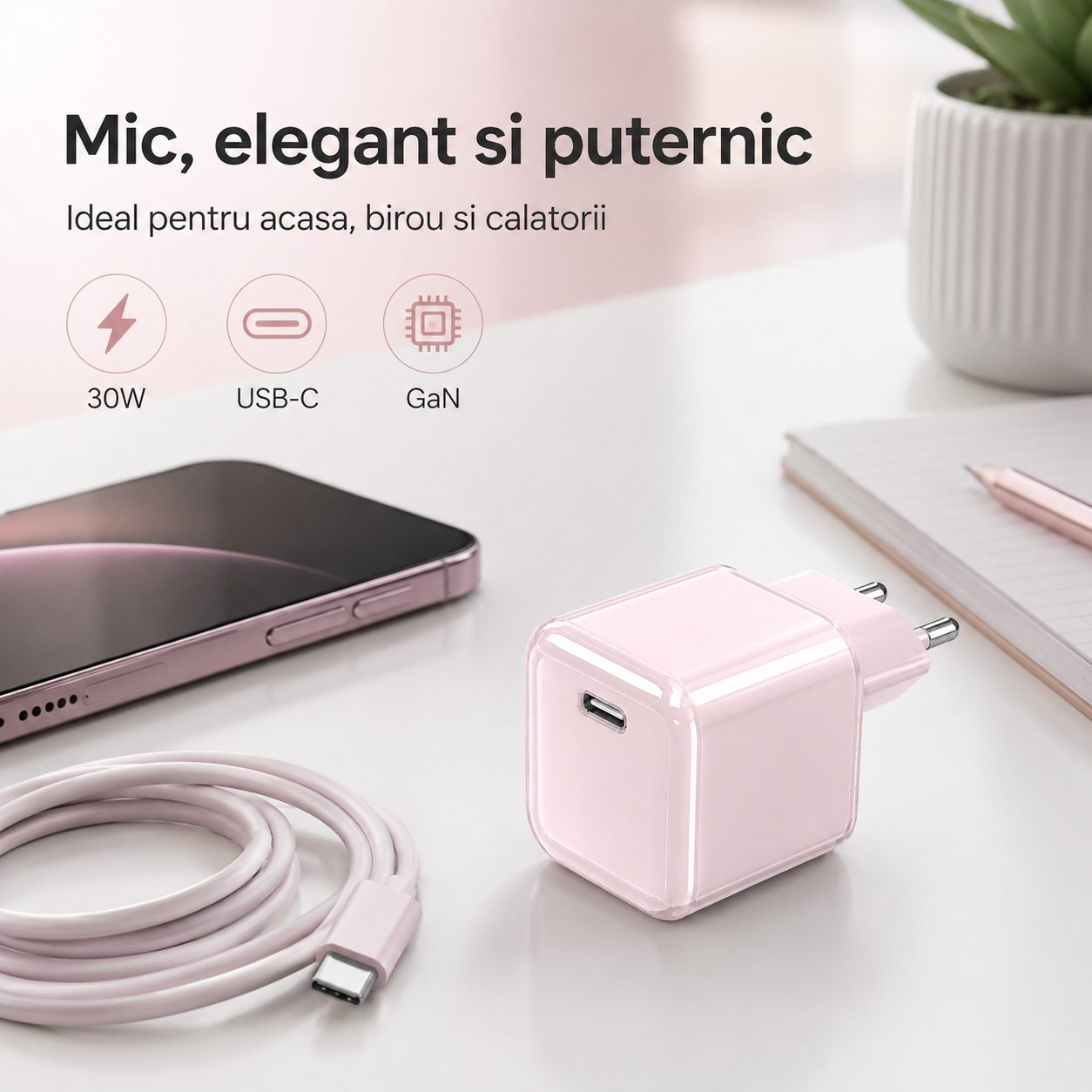 Incarcator Retea USB-C 30W Mini Ice Cube, , GaN Technology, Fast Charge, Carcasa Transparenta Bicolora, Standard European, Roz 3