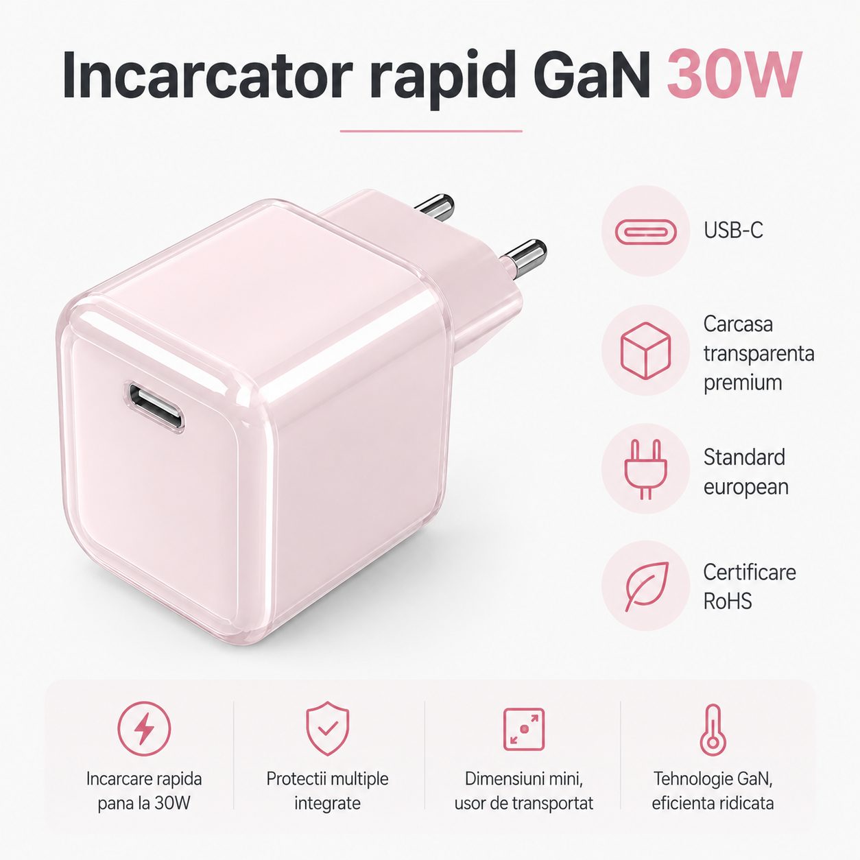 Incarcator Retea USB-C 30W Mini Ice Cube, , GaN Technology, Fast Charge, Carcasa Transparenta Bicolora, Standard European, Roz 5